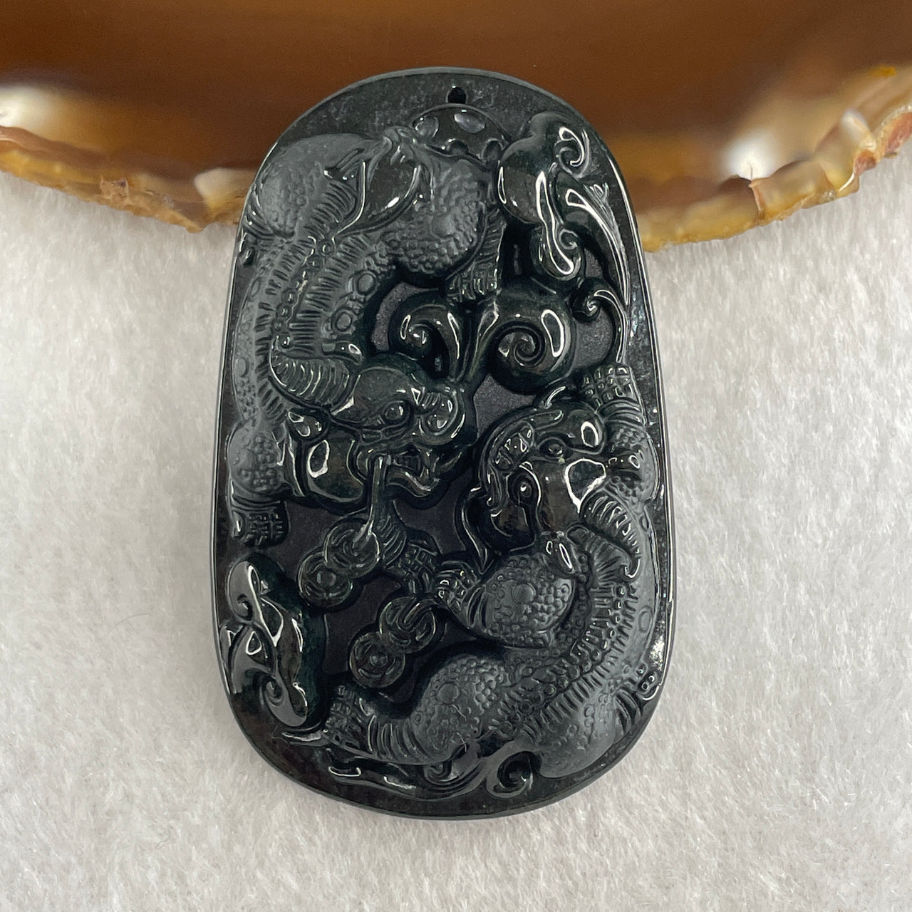 Type A Opaque to Partial Translucent Black Omphacite Jadeite Pixiu Pair with Coins Pendant 25.77g 57.1 by 35.4 by 9.2mm - Huangs Jadeite and Jewelry Pte Ltd