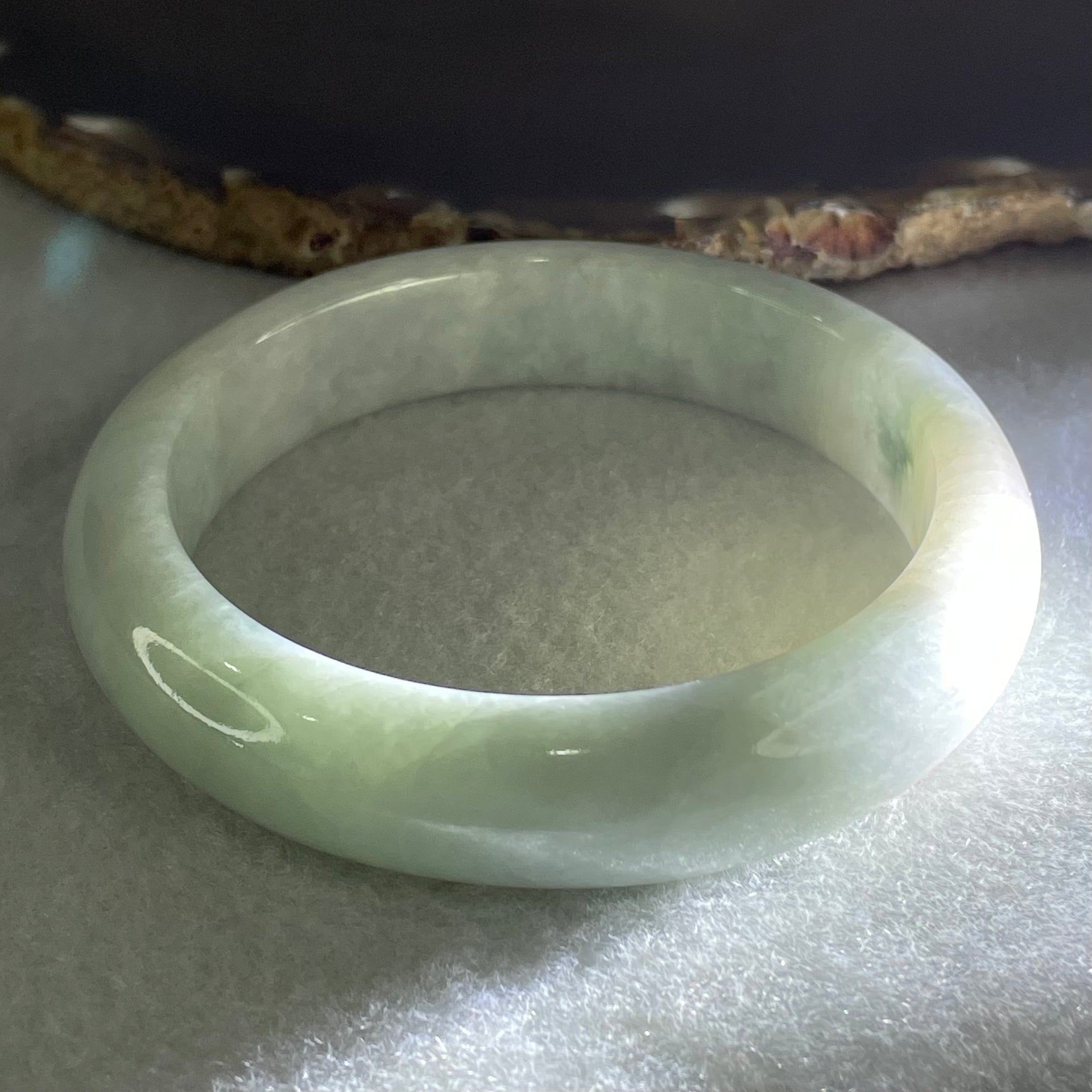 Type A Light Green Light Lavender Jadeite Bangle 65.83g Inner Diameter 57.6mm 13.5 by 9.8mm (Internal Line) - Huangs Jadeite and Jewelry Pte Ltd