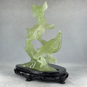 Natural Green Serpentine 3 Magpies Birds on Tree with Wooden Stand Display 807.0g 175.0 by 120.0 by 200.0mm - Huangs Jadeite and Jewelry Pte Ltd