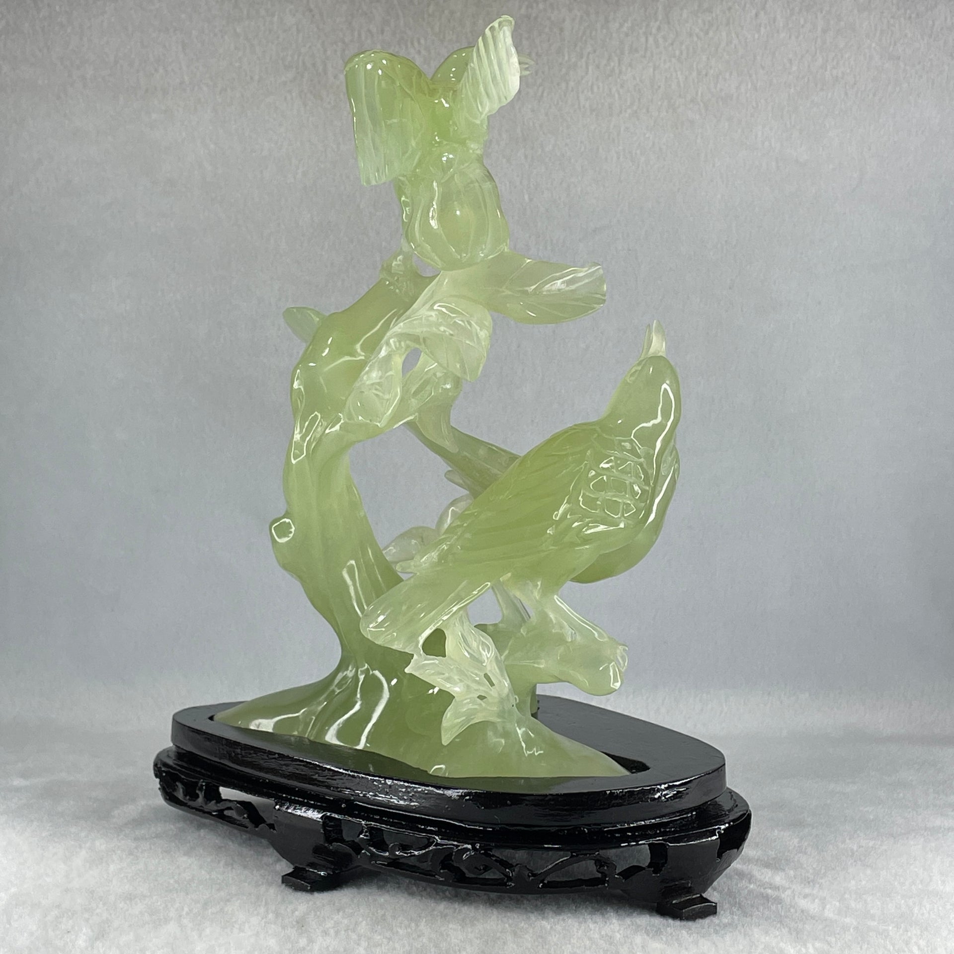 Natural Green Serpentine 3 Magpies Birds on Tree with Wooden Stand Display 807.0g 175.0 by 120.0 by 200.0mm - Huangs Jadeite and Jewelry Pte Ltd