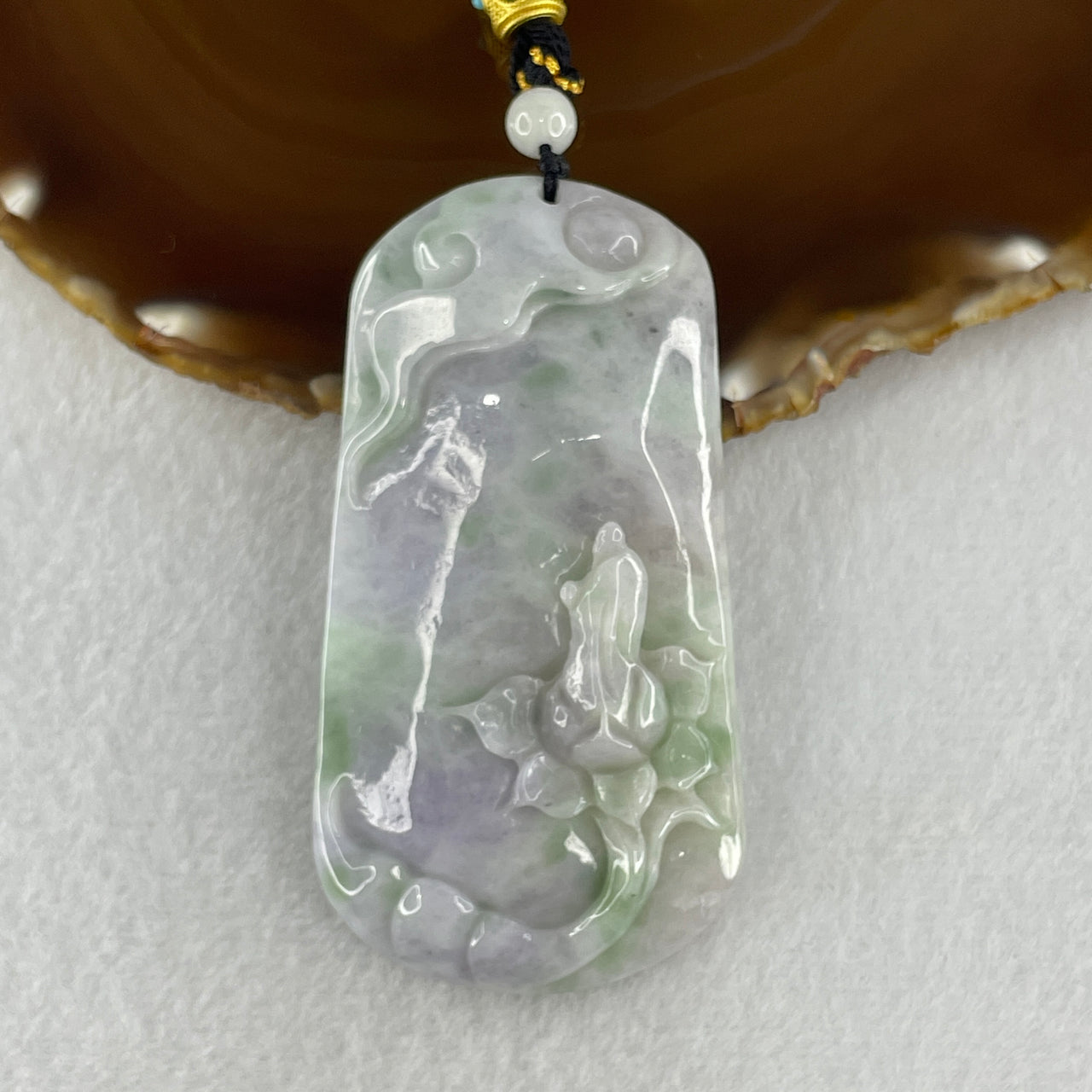 Natural Type A Lavender with Light Green Jadeite People Seeking Enlightenment Pendant 79.86g 80.2 by 42.8 by 11.3mm