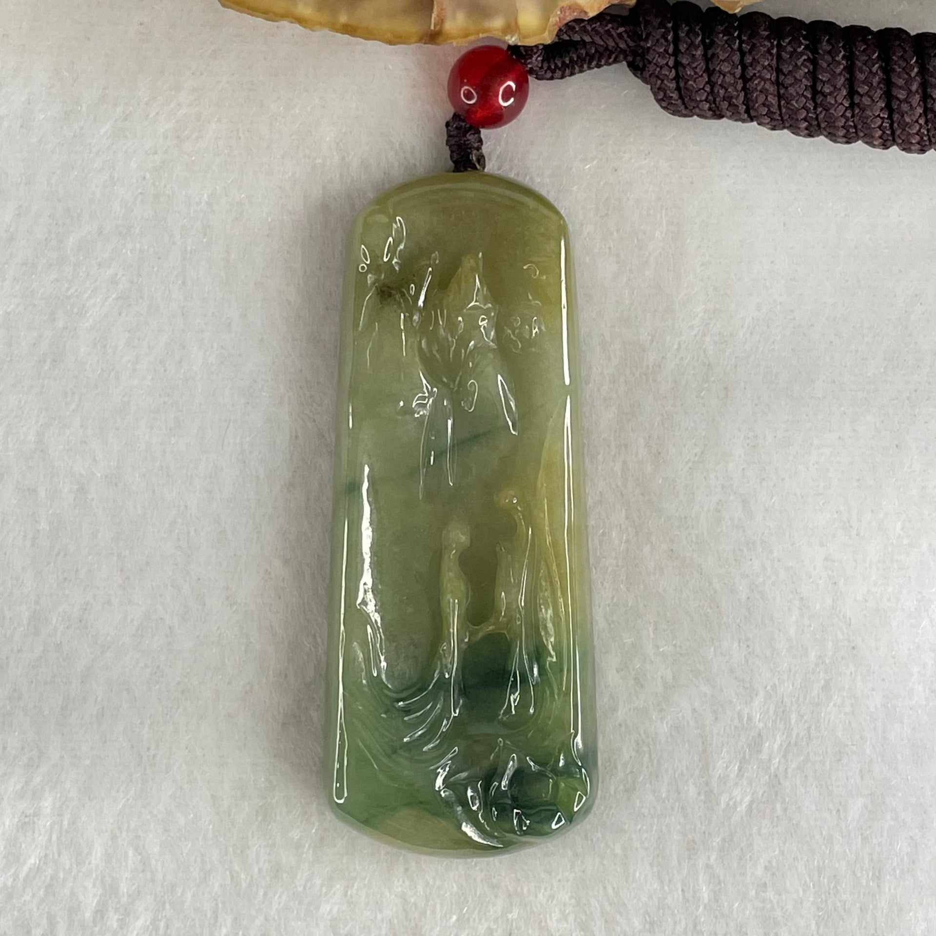 Type A Green with Yellow and Blueish Green Patches Jadeite Shan Shui with Guiren Benefactor seeking Enlightenment Pendant 18.17g 51.1 by 20.5 by 6.7mm - Huangs Jadeite and Jewelry Pte Ltd