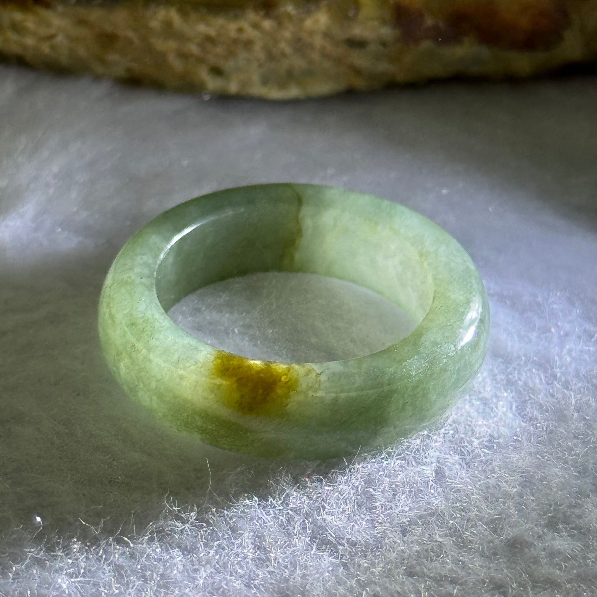 Type A Medium Green with Brown Patches Jadeite Ring 4.24g 6.2 by 3.8mm US7.25 HK16 - Huangs Jadeite and Jewelry Pte Ltd