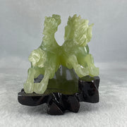 Natural Green Serpentine Double Horse with Wooden Stand Display 971.8g 220.0 by 104.5 by 115.0mm - Huangs Jadeite and Jewelry Pte Ltd