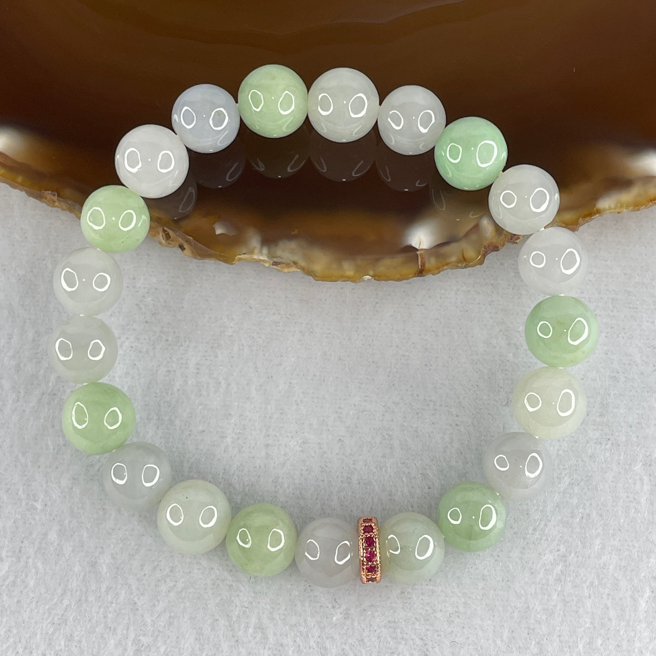 Natural Type A Tricolor Jadeite Bracelet | 15.5cm Petite 9.4mm Round Light Green Lavender White "Three Happiness" Bead Strand (27.28g, 21 Beads)