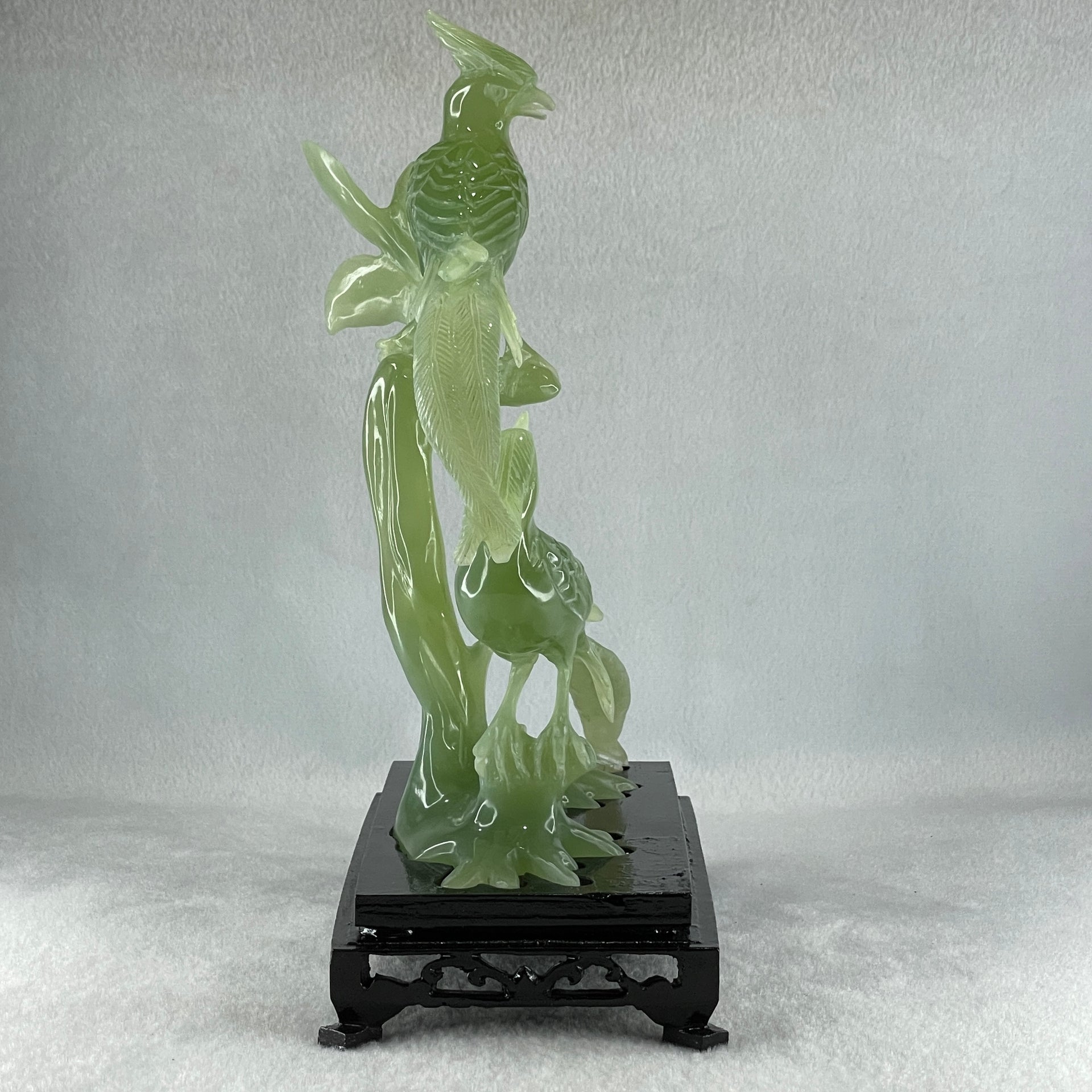 Natural Green Serpentine Double Phoenix on Tree with Wooden Stand Display 561.4g 165.0 by 246.0 by 102.0mm - Huangs Jadeite and Jewelry Pte Ltd