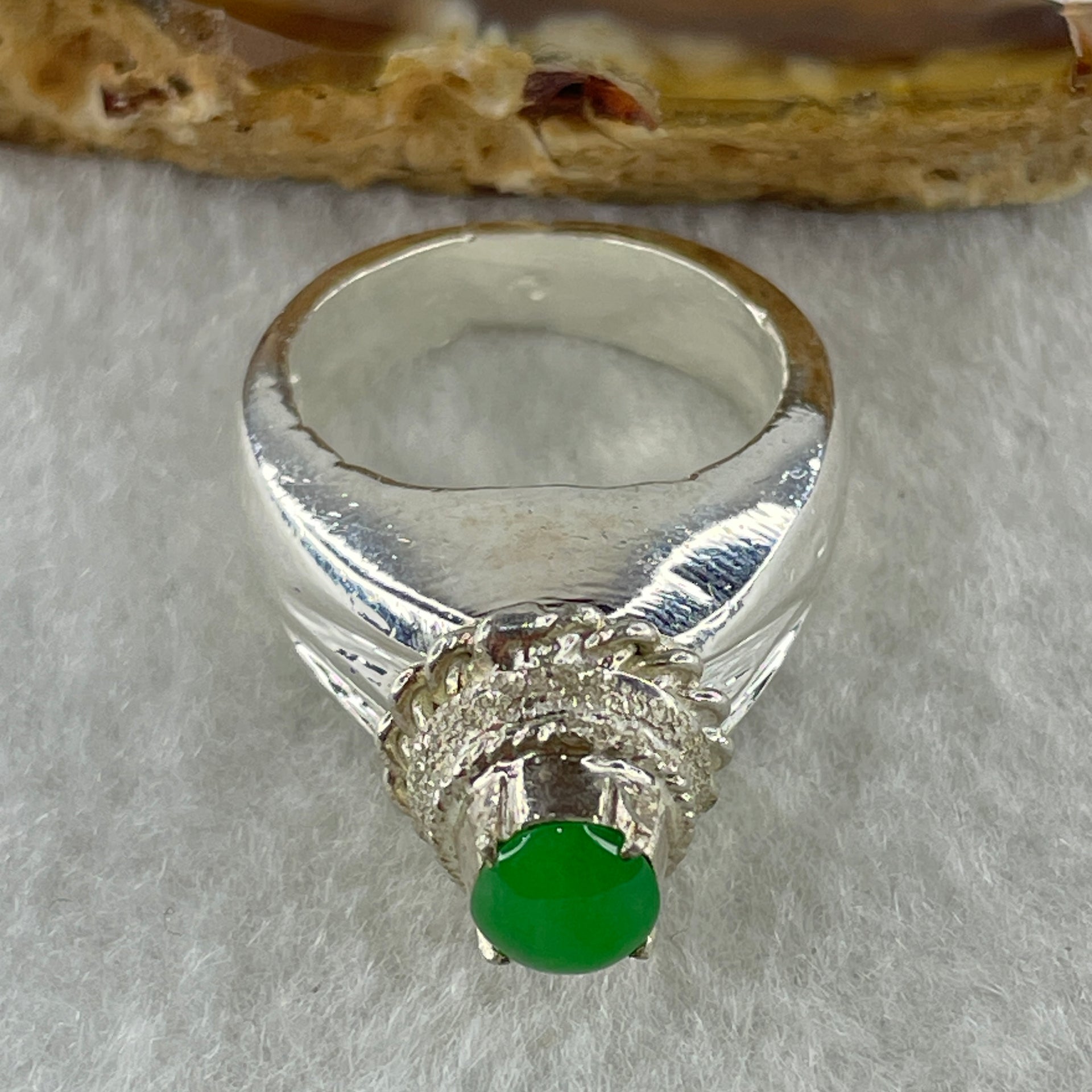 Type A Natural Apple Green Jadeite Cabochon 5.9 by 5.9 by 1.8mm Stone for Setting 9.18g (On Silver Ring Mold) US 6.3 HK 13.8 - Huangs Jadeite and Jewelry Pte Ltd