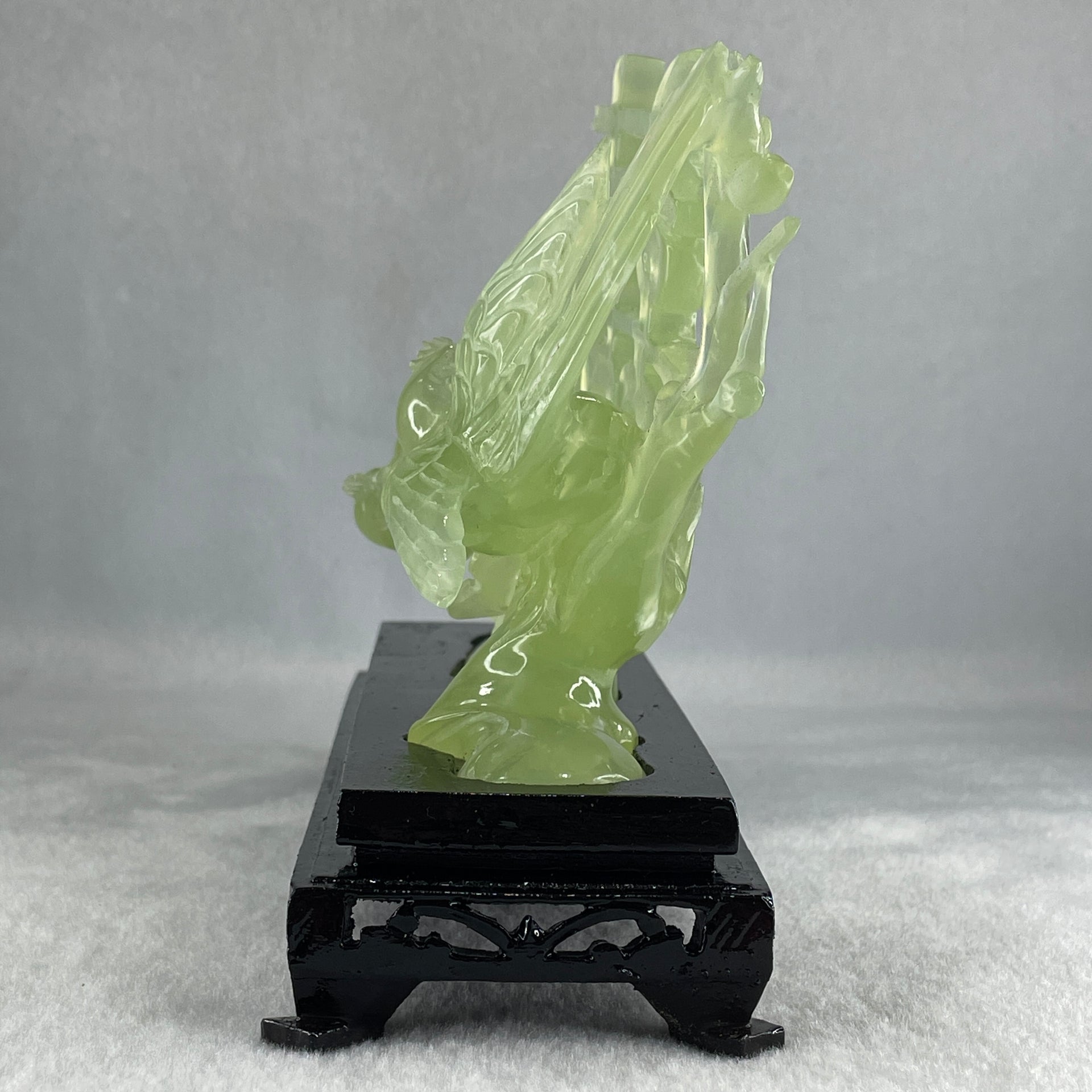 Natural Green Serpentine 囍 Double Happiness Love Birds with Flower with Wooden Stand Display 469.1g 192.0 by 138.0 by 68.0mm - Huangs Jadeite and Jewelry Pte Ltd