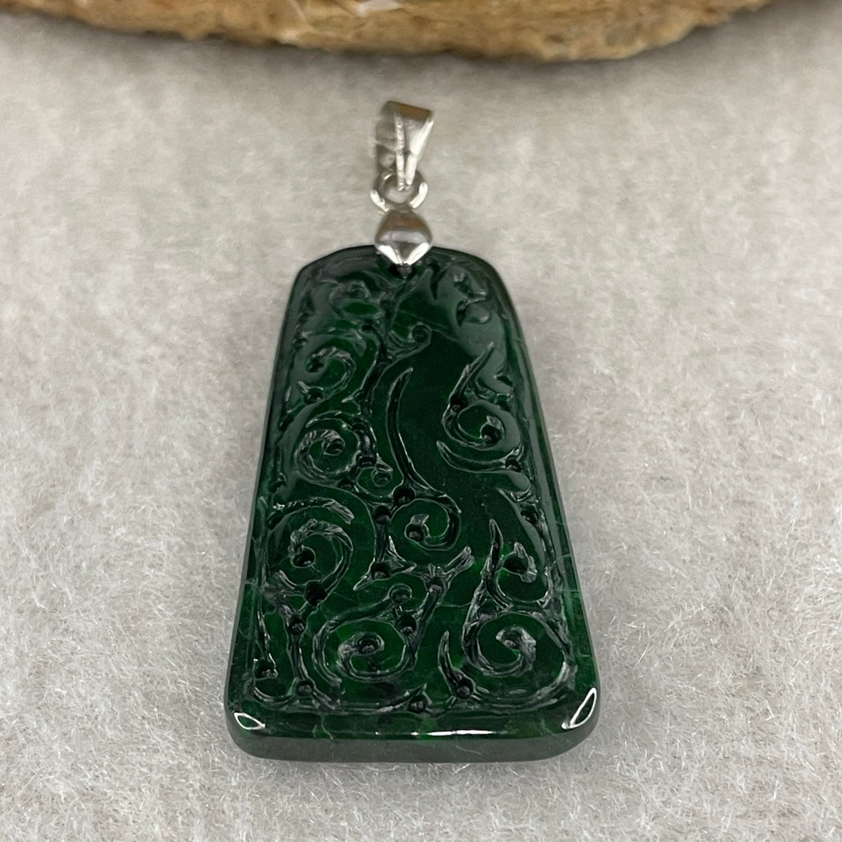 Natural Type A Old Mine Full Green Jadeite Wu Shi Pai Flower Carving Pendant | Peace Plaque & Floral Talisman (5.19g | 30.2 x 17.6 x 3.8mm) - Huangs Jadeite and Jewelry Pte Ltd