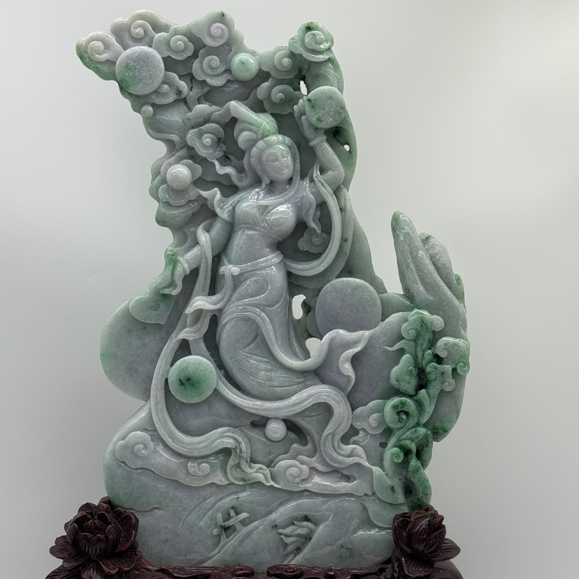 Type A Lavender and Green with Spicy Green Spots 仙女 with Wooden Stand Display Piece 3.38kg Dimensions with Stand 43 by 27 by 10cm Jadeite Dimensions 31 by 22 by 3cm - Huangs Jadeite and Jewelry Pte Ltd