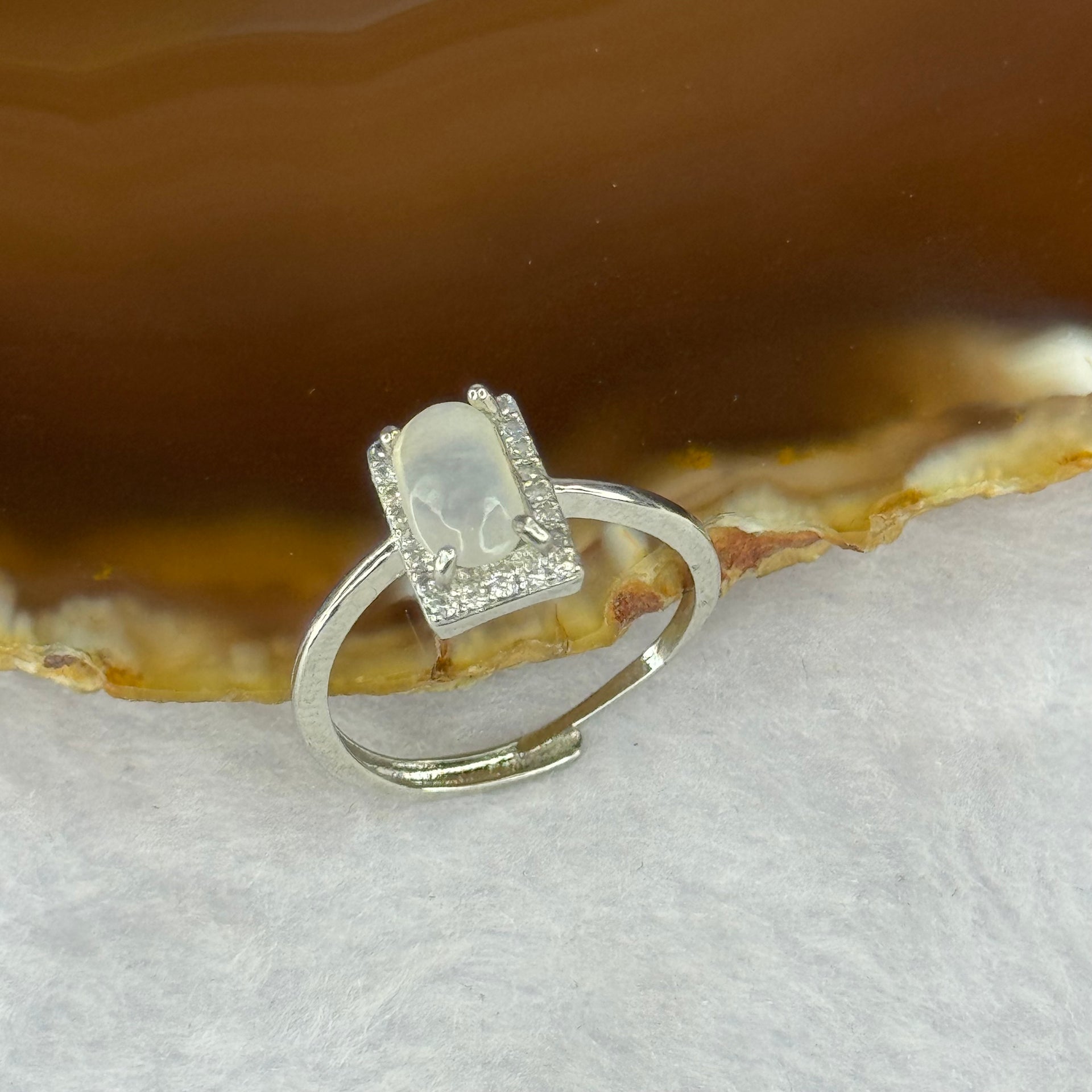 Type A High ICY White Jadeite with Crystals in S925 Sliver Ring (Adjustable Size) 2.01g 8.9 by 5.5 by 3.1mm - Huangs Jadeite and Jewelry Pte Ltd