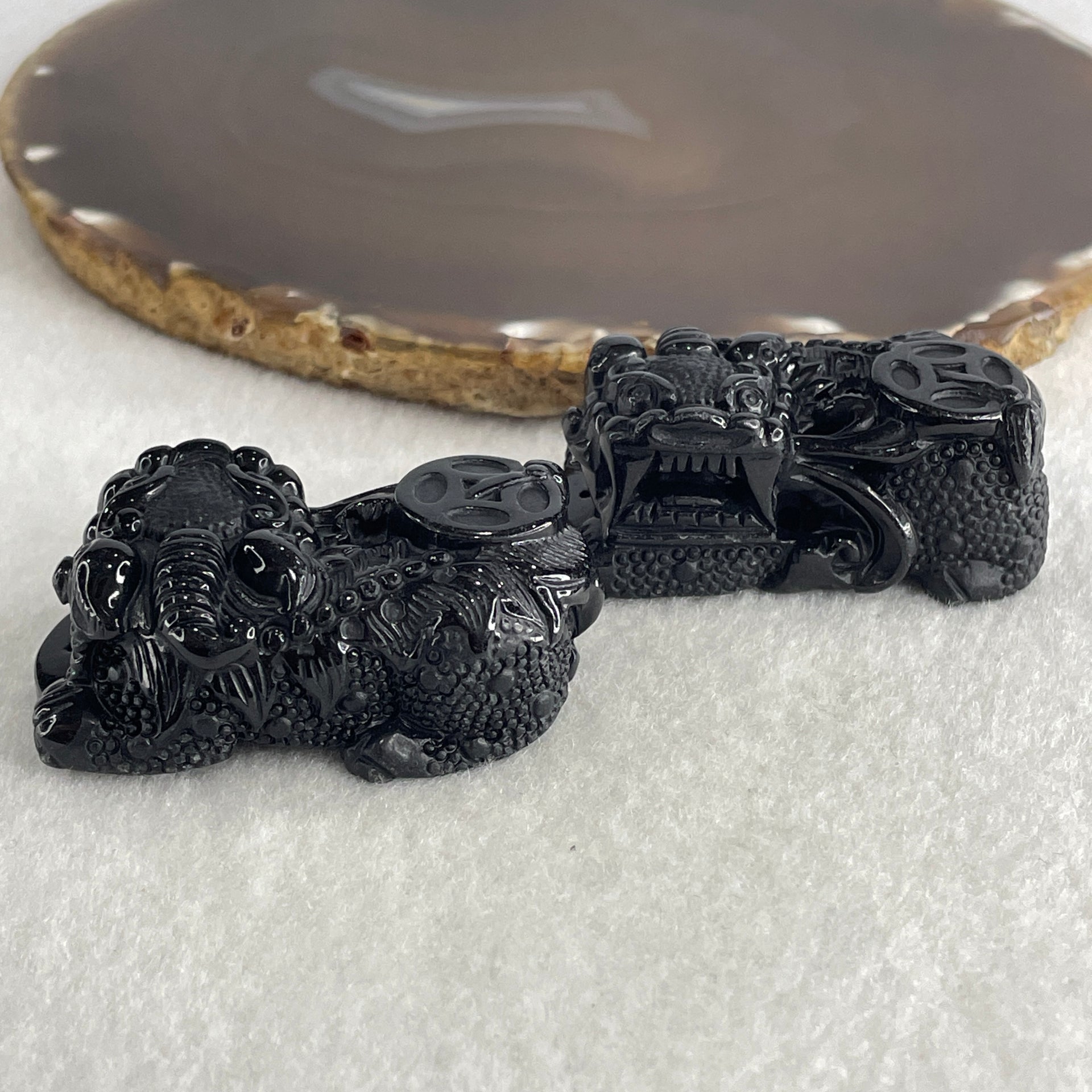 Certified Natural Type A Black Omphacite Jadeite Pixiu pair Pendant Each About 62.82g 49.5 by 28.0 by 21.6mm And 58.24g 50.2 by 28.5 by 19.9mm - Huangs Jadeite and Jewelry Pte Ltd