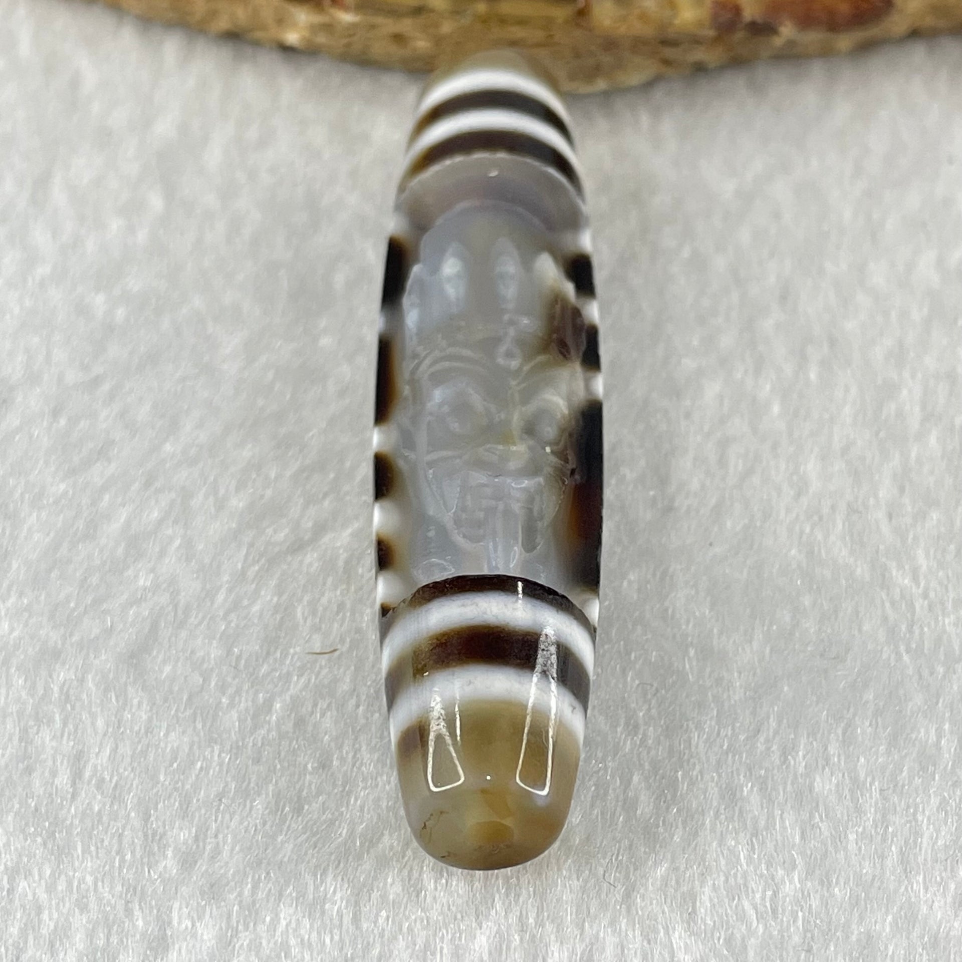 Natural Powerful Tibetan Old Oily Agate 2 Eye with Zha Ji La Mu Female Cai Shen Carvings Dzi Bead Heavenly Master (Tian Zhu) 两眼扎基拉姆女财神天诛 13.65g 57.7 by 13.5mm - Huangs Jadeite and Jewelry Pte Ltd