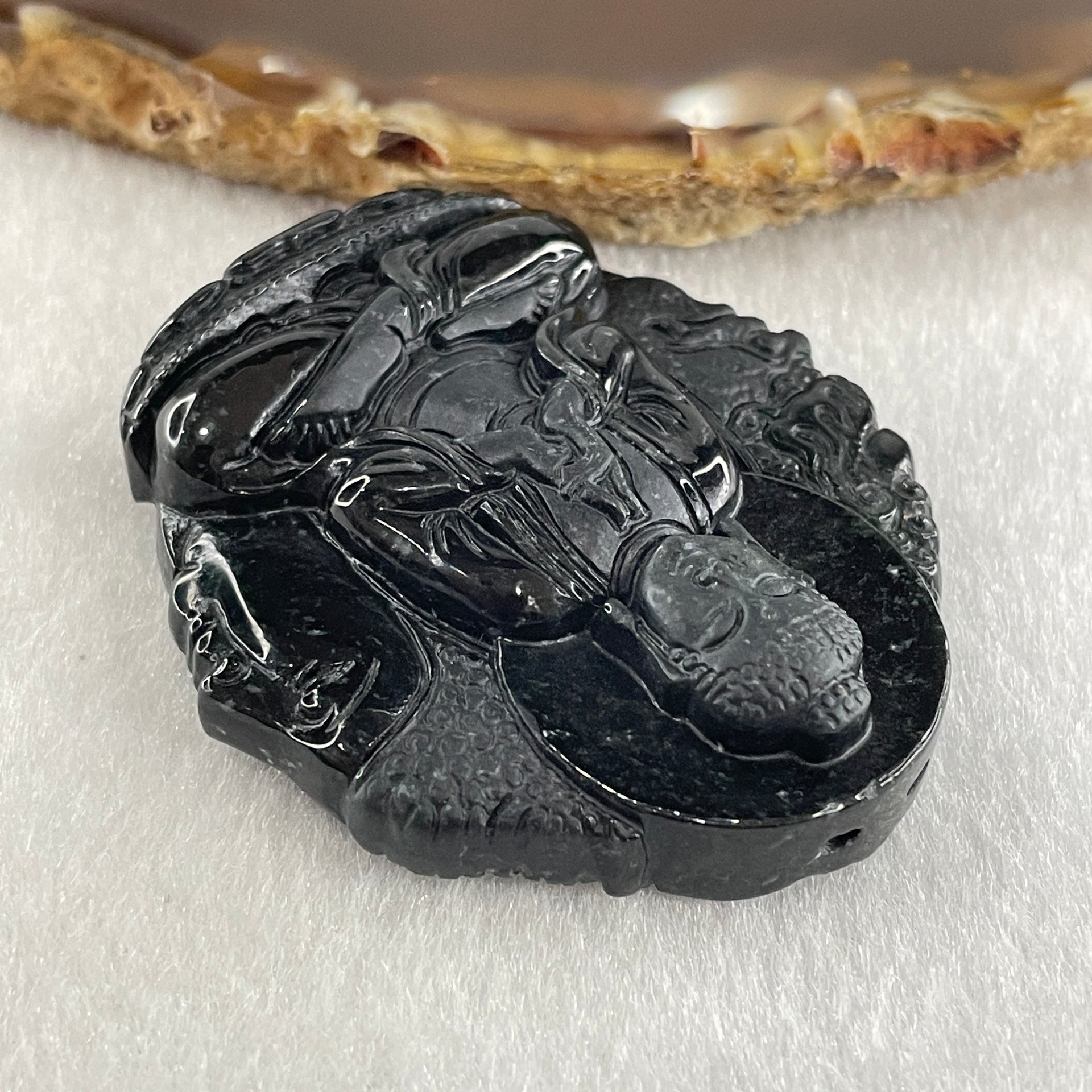 Type A Opaque Black Omphacite Jadeite Good Vs Evil Amitabha Buddha Pendant Dog and Boar Pig Zodiac Guardian 45.89g 49.6 by 43.7 by 12.5mm - Huangs Jadeite and Jewelry Pte Ltd