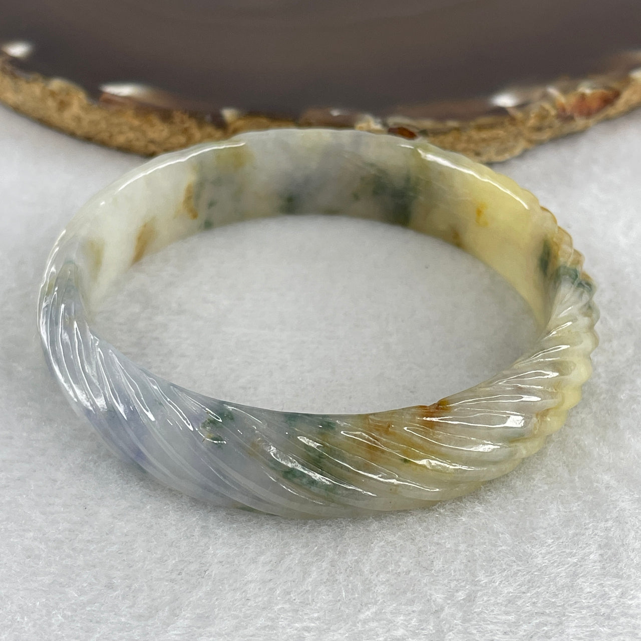 58.1mm Natural Type A Jadeite Bangle: Yellow Lavender Green Carved Bat and Lines Jade (43.74g) - 14.3x6.3mm Width Genuine Burmese Jadeite (External and Internal Lines)