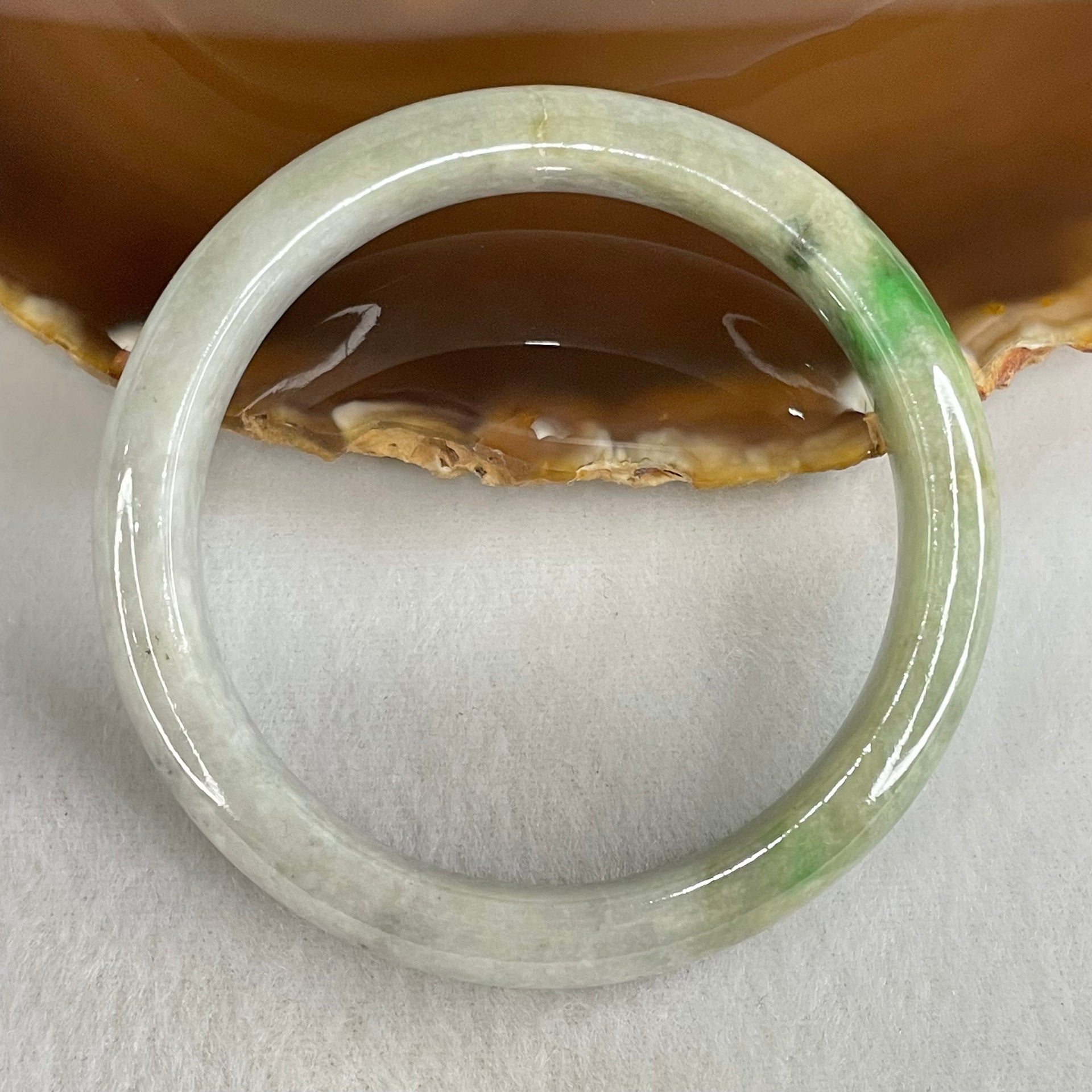 Type A Light Blueish Green with Spicy Green Piao Hua Jadeite Bangle 46.76g Inner Diameter 56.9mm 11.8 by 8.0mm (External Line with Very Slight Internal Lines) - Huangs Jadeite and Jewelry Pte Ltd