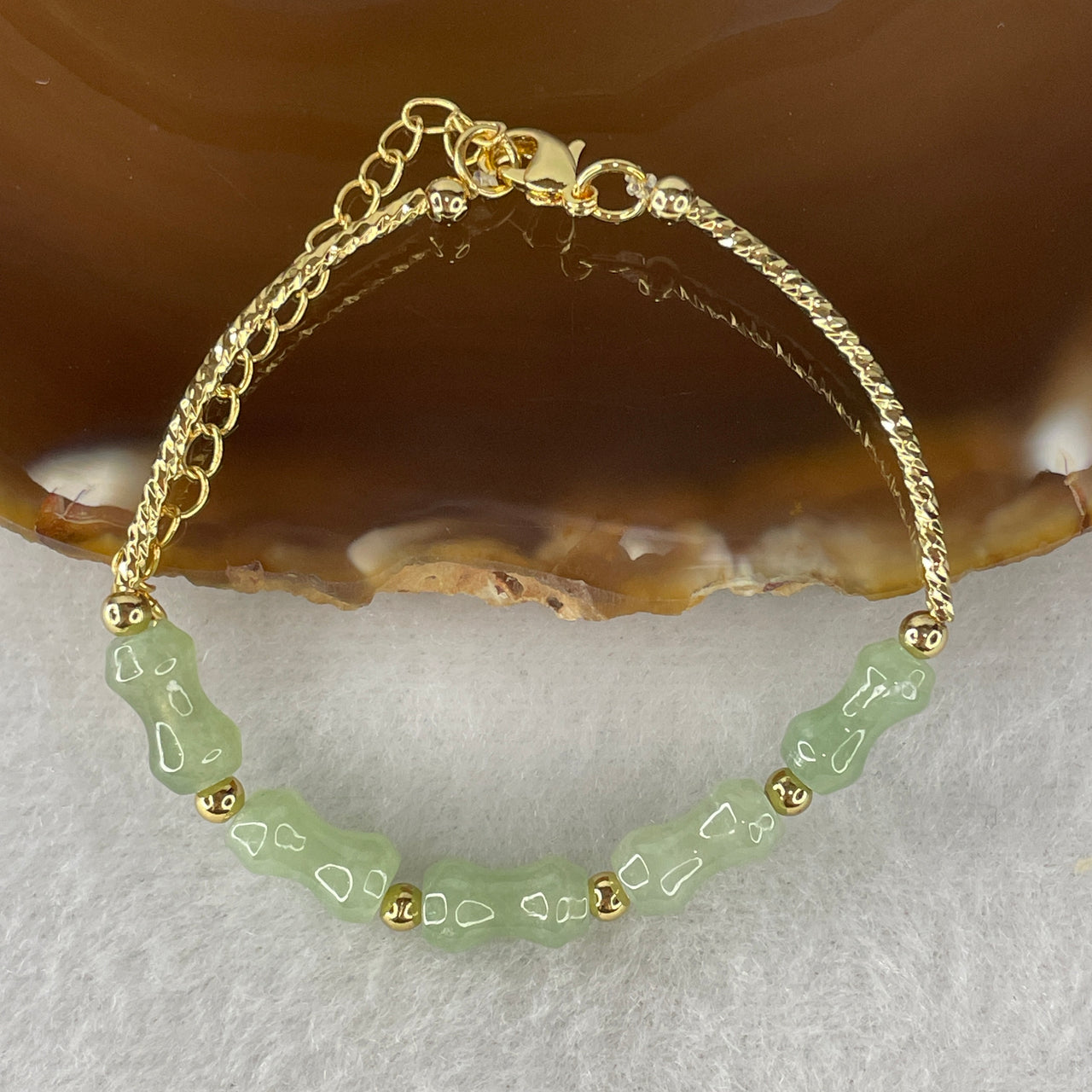Natural Type A Light Green Jadeite Hulu Bracelet | Gold Color Adjustable Gourd Charm Lucky Talisman (4.53g, 13-17cm 10.1x5.6mm)