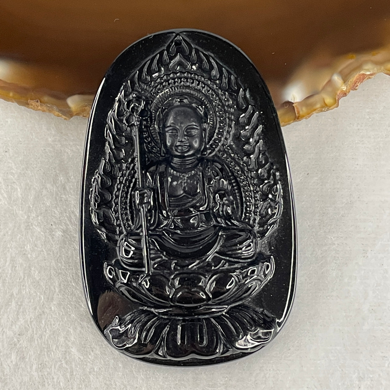 Certified Type A Natural Black Omphacite Jadeite Di Zang Wang Pendant | Ksitigarbha Bodhisattva Protection Amulet (28.53g | 62.8 x 40.7 x 10.2mm)