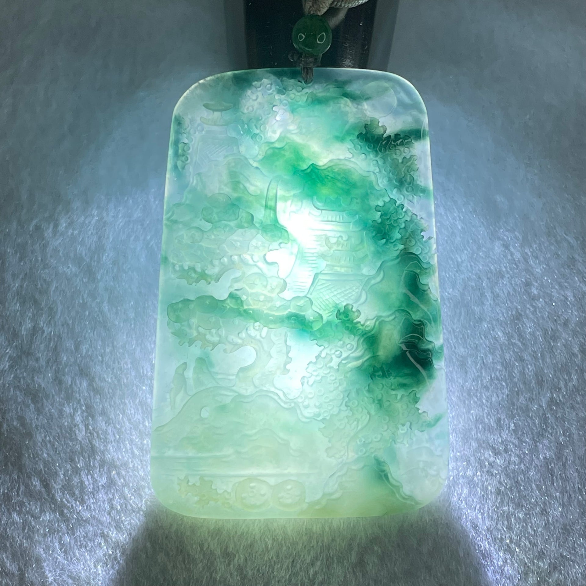 Type A Jelly Semi Icy Blueish Green Jadeite Shan Shui with Guiren Benefactor Pendant 34.79g 61.2 by 41.1 by 5.5mm - Huangs Jadeite and Jewelry Pte Ltd