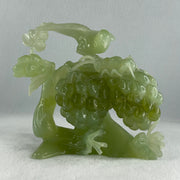 Natural Green Serpentine Magpie Bird with Cricket on Grape with Wooden Stand Display 1,042.7g L195.0 by B105.0 by H180.0 mm - Huangs Jadeite and Jewelry Pte Ltd
