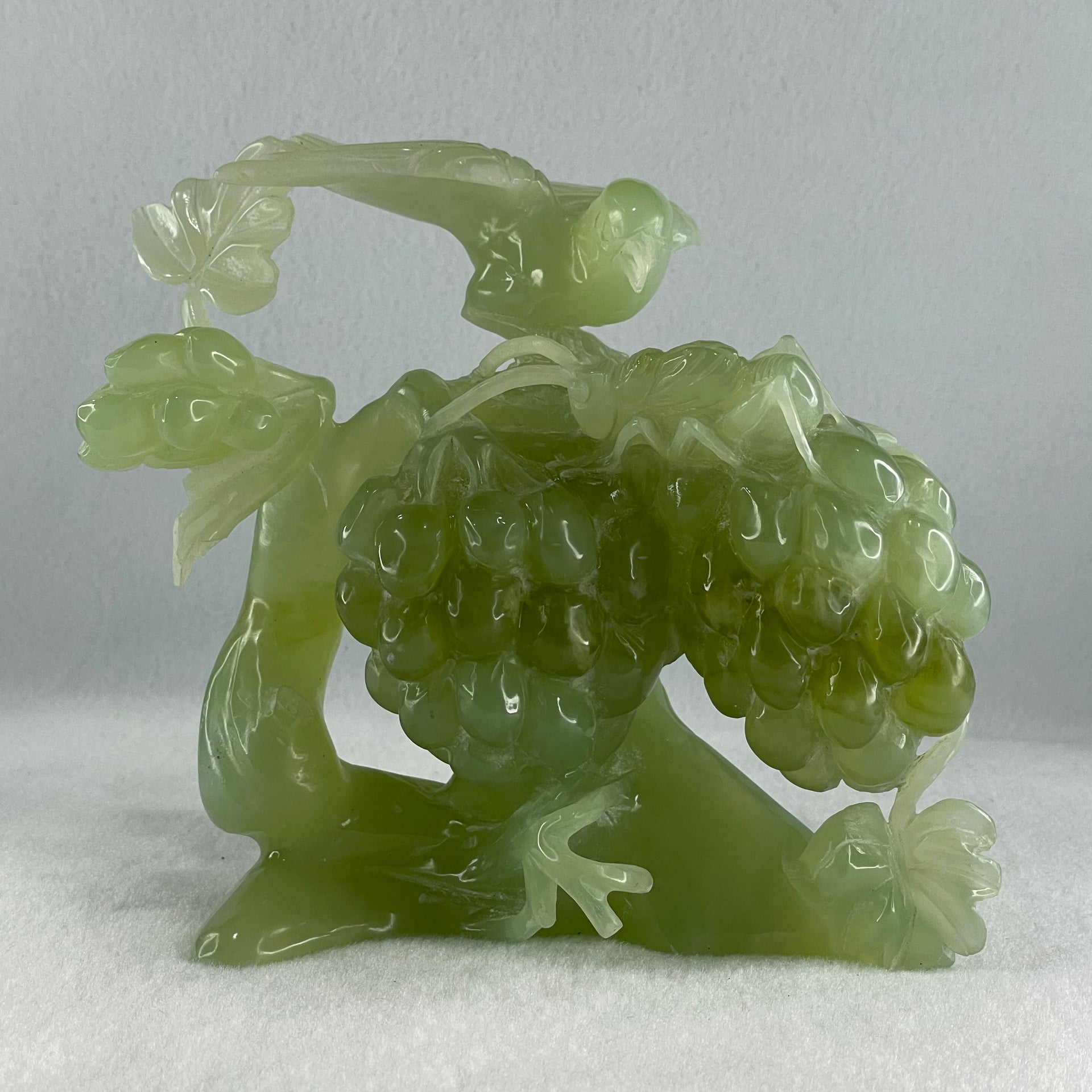 Natural Green Serpentine Magpie Bird with Cricket on Grape with Wooden Stand Display 1,042.7g L195.0 by B105.0 by H180.0 mm - Huangs Jadeite and Jewelry Pte Ltd