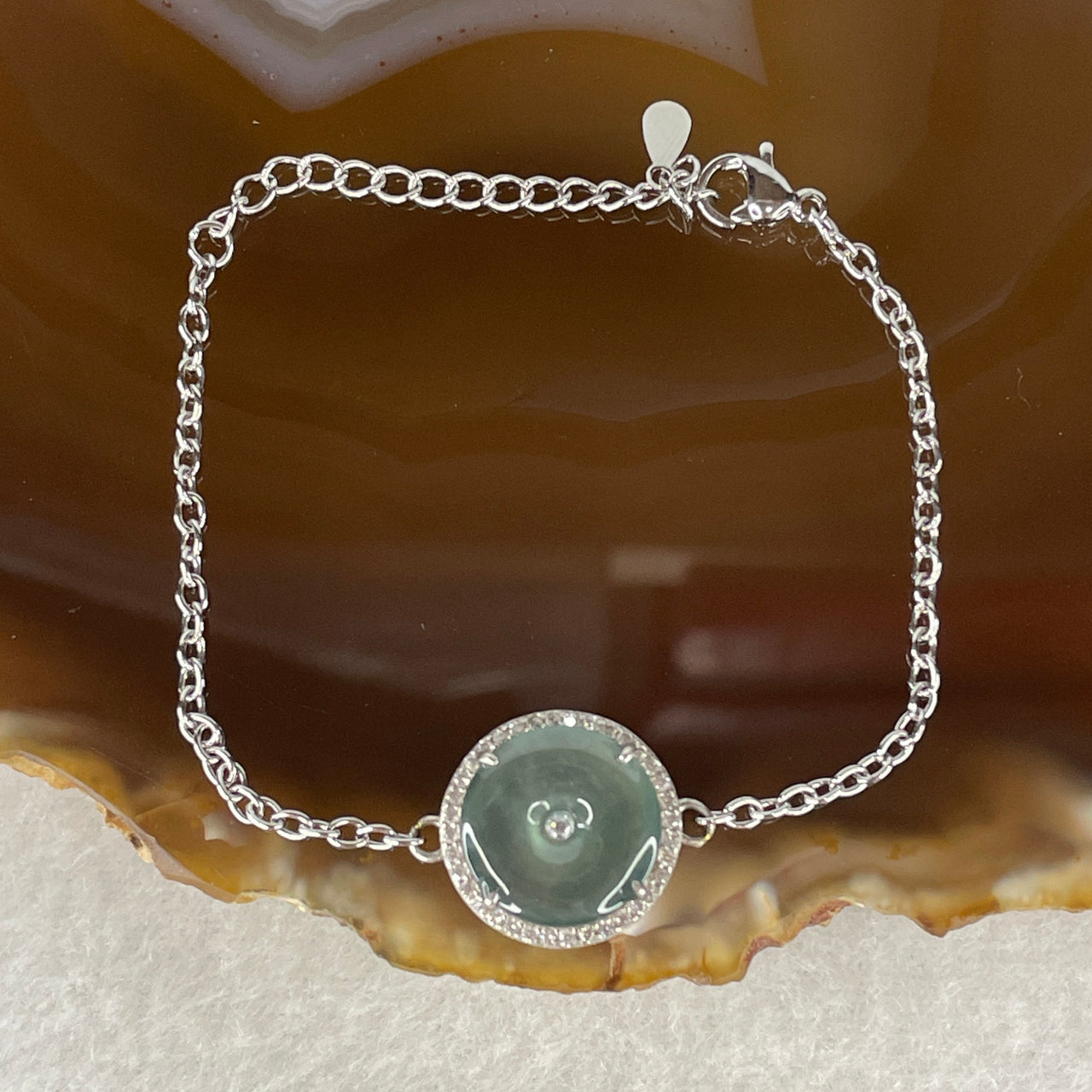Natural Type A Icy Blueish Green Jadeite Ping An Kou Bracelet | S925 Sterling Silver Adjustable 13-15cm Petite Safe Journey Donut Fine Charm (3.36g 12.5x2.0mm)