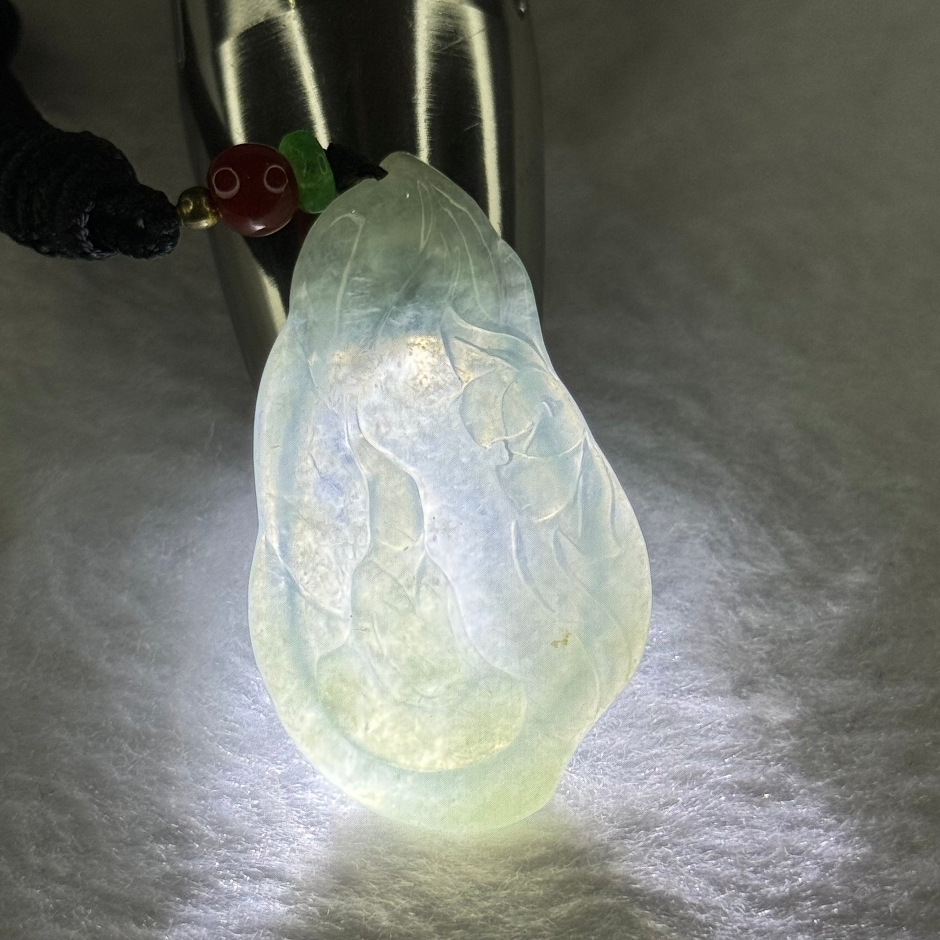 Type A Semi ICY Light Green Jadeite Benefactor with Lotus Flower Pendent 12.08g 46.4 by 27.6 by 4.8mm - Huangs Jadeite and Jewelry Pte Ltd
