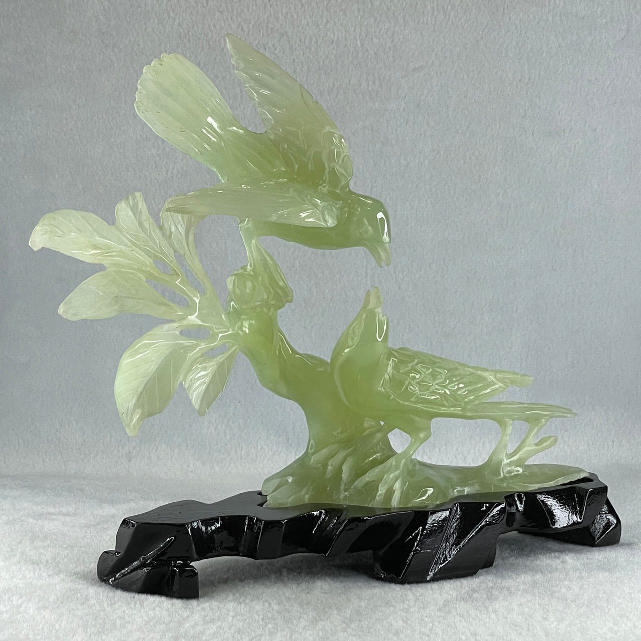 Natural Green Serpentine Twin Magpie Birds on Tree with Wooden Stand Display 453.4g 230.0 by 196.0 by 79.0mm - Huangs Jadeite and Jewelry Pte Ltd