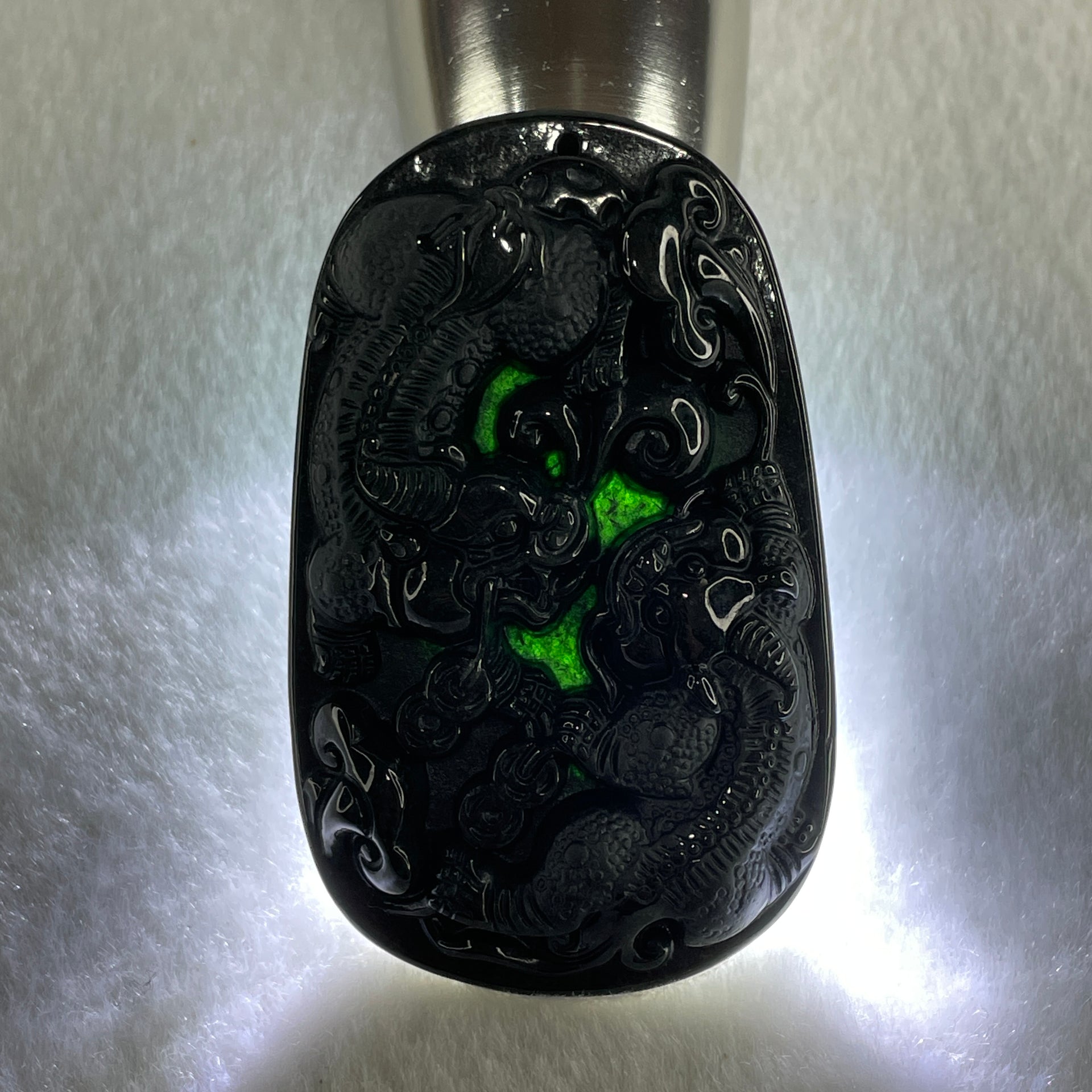 Type A Opaque to Partial Translucent Black Omphacite Jadeite Pixiu Pair with Coins Pendant 25.77g 57.1 by 35.4 by 9.2mm - Huangs Jadeite and Jewelry Pte Ltd