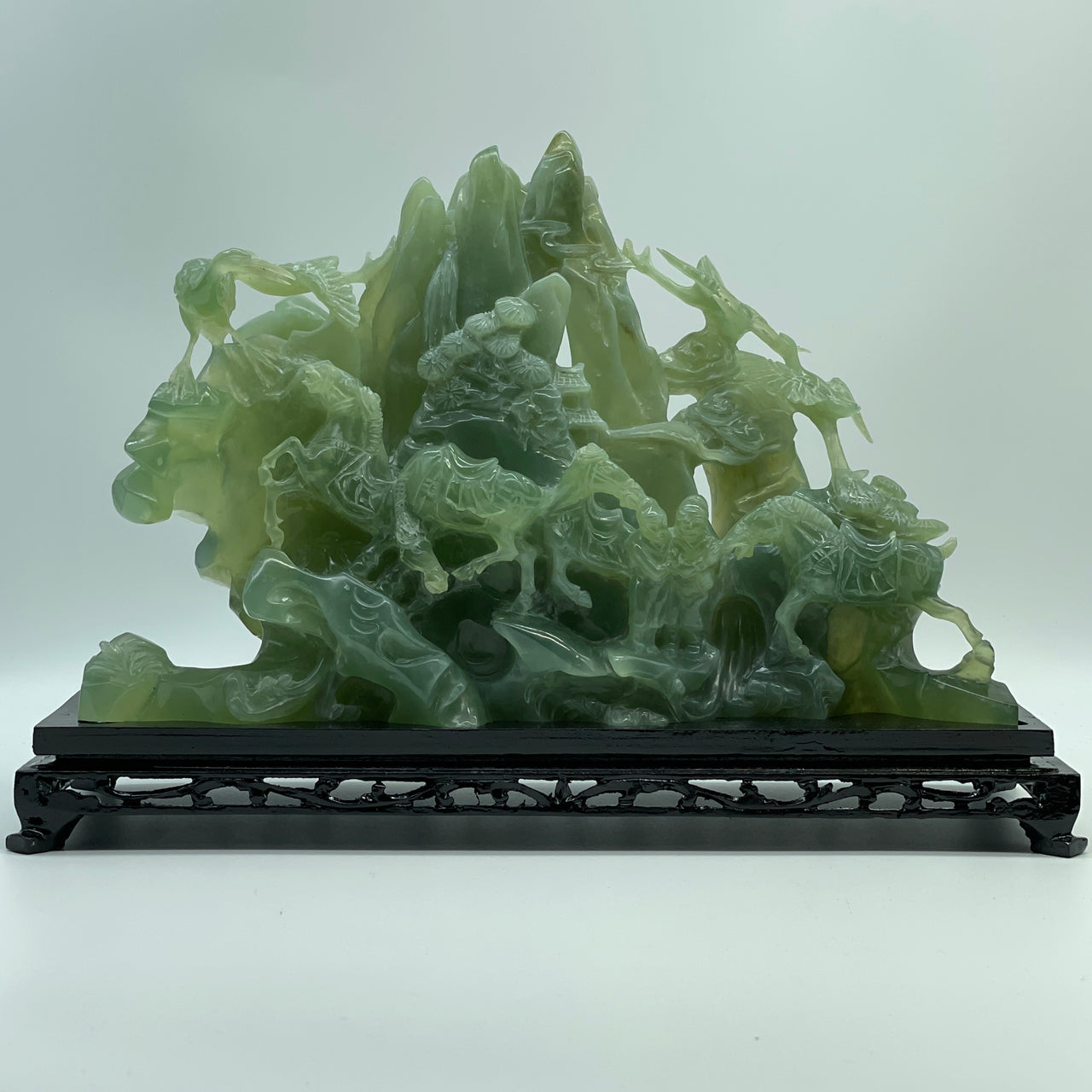 Natural Green Serpentine 4 Horse with 4 Crane with Double Guiren on ShanShui with Wooden Stand Display 3,288.2g 330.0 by 118.0 by 220.0mm
