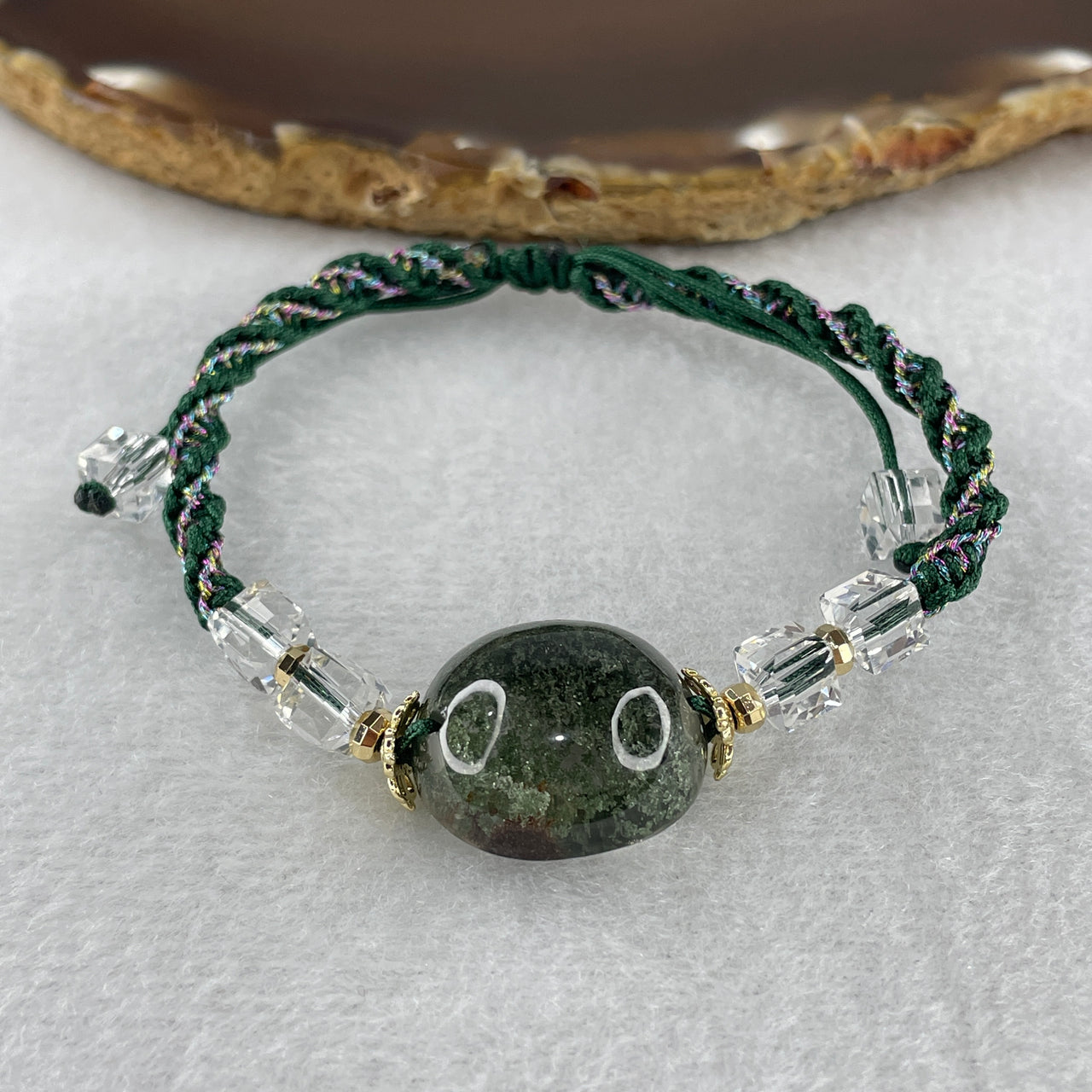 Natural Green Phantom Quartz Round Shape with Man Made Beads String Bracelet 9.65g 15-18cm 19.6 by 18.1 by 11.3mm 1 Bead - 6.2mm 4 Beads