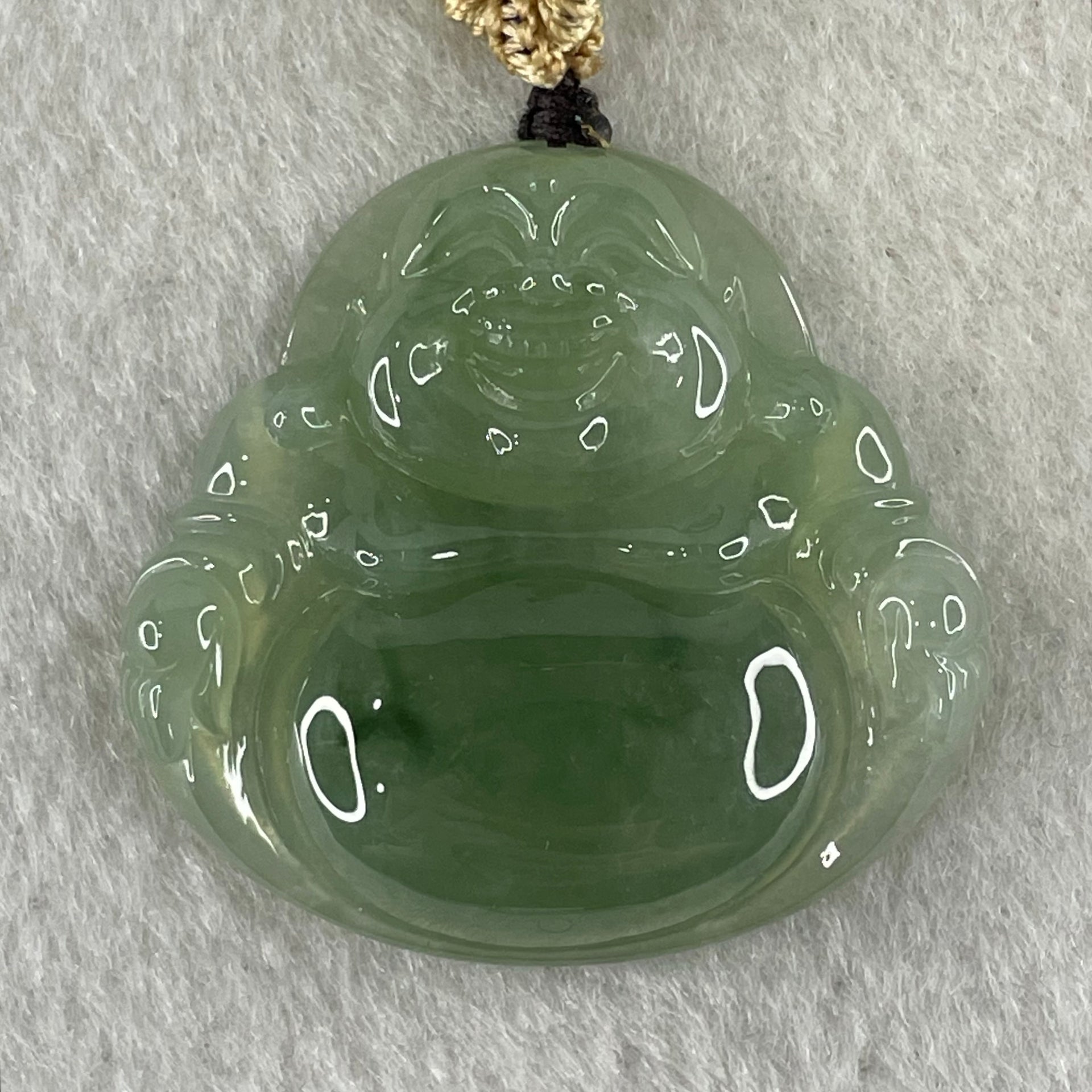 Type A Icy Green with Blueish Green Piao Hua Floral Jadeite Milo Buddha Pendant 13.81g 33.8 by 36.3 by 6.5mm - Huangs Jadeite and Jewelry Pte Ltd