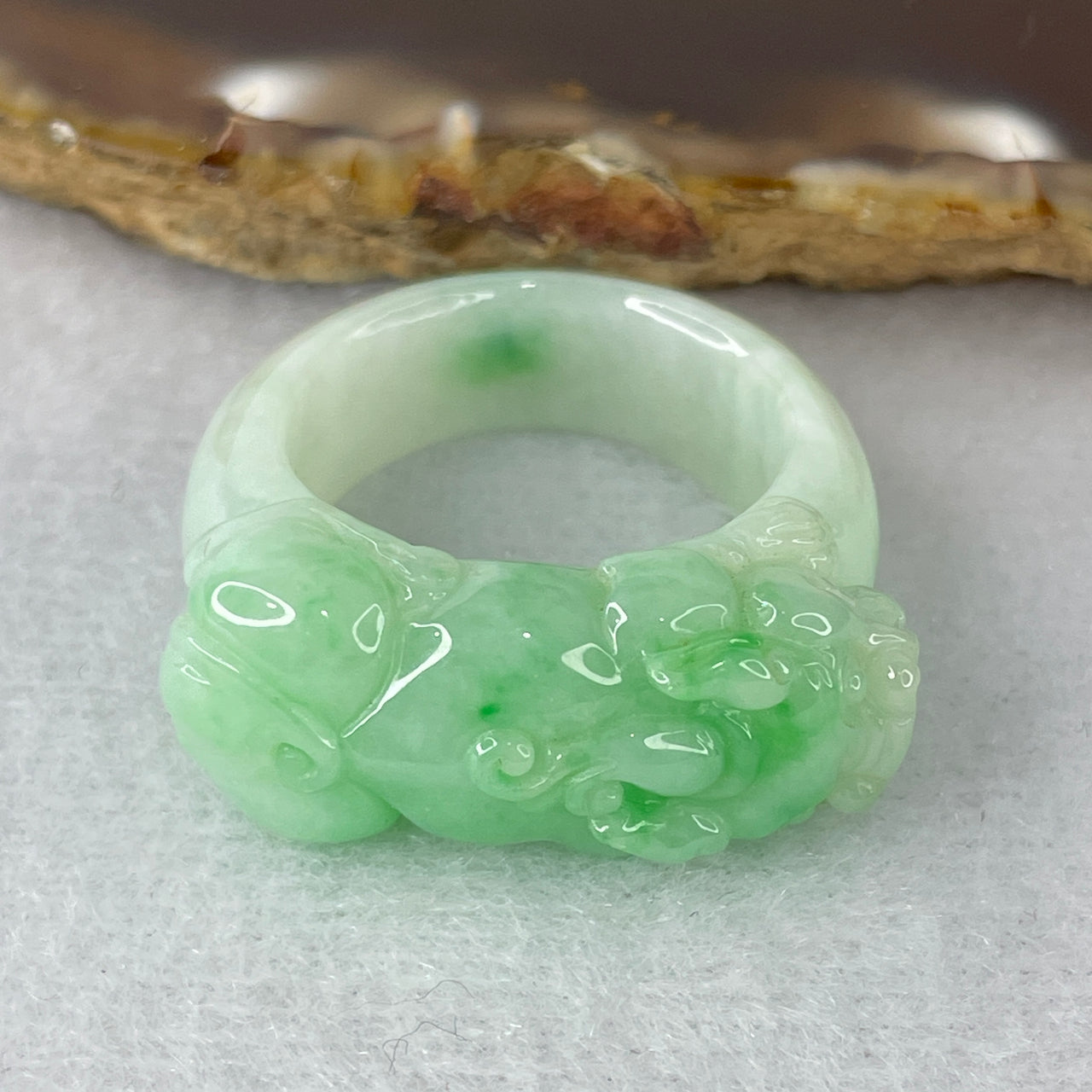 Natural Type A Jelly Green & Apple Green Piao Hua Jadeite Pixiu Ring | Imperial Solid Saddle-Style Carved Band | "Wealth Magnet" Sovereign Fortune Ring (11.71g 13.1x9.4mm | US Size 10.3 / HK Size 23)