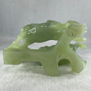 Natural Green Serpentine Double Victory Horses with Wooden Stand Display 1,339.7g 198.0 by 193.0 by 120.0mm - Huangs Jadeite and Jewelry Pte Ltd