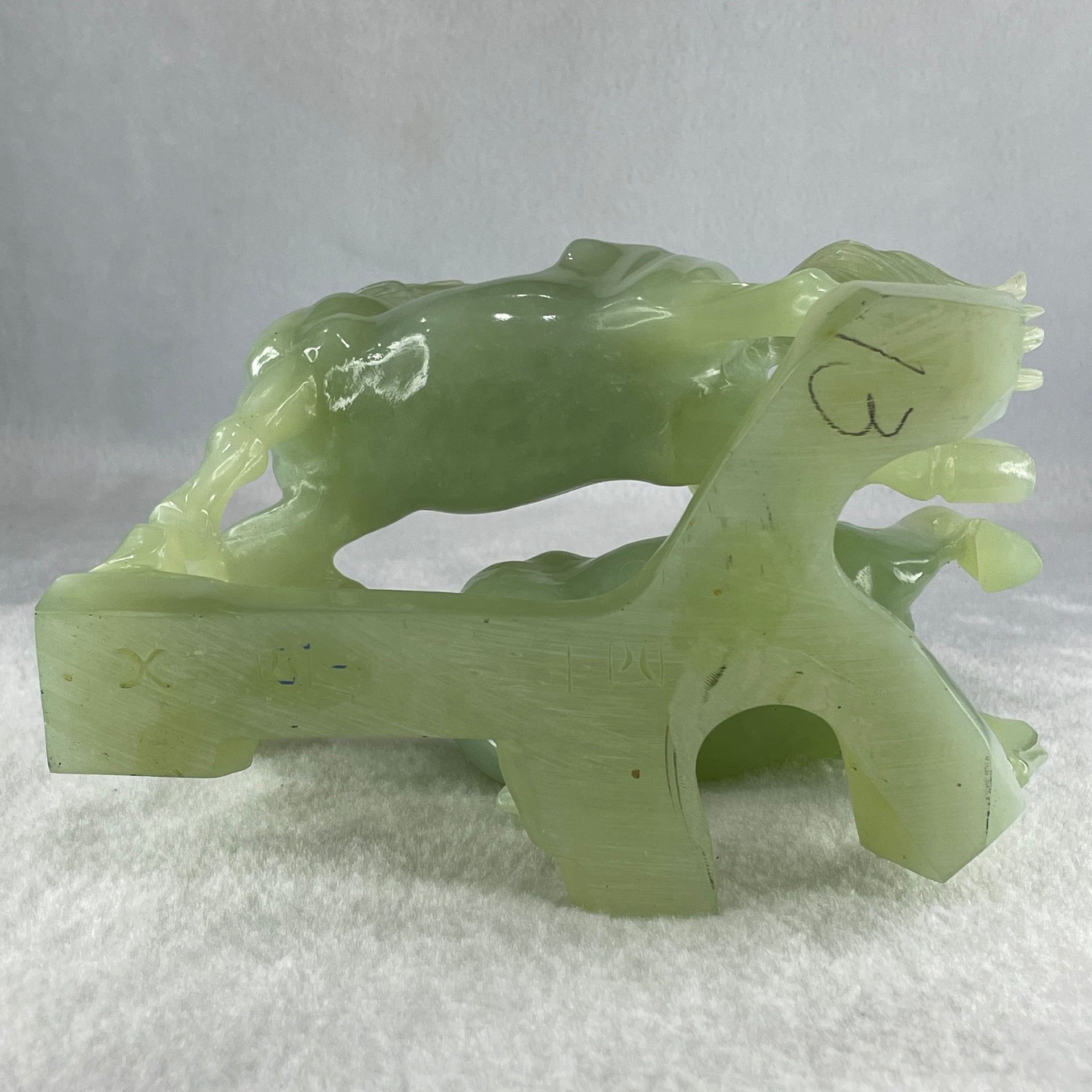 Natural Green Serpentine Double Victory Horses with Wooden Stand Display 1,339.7g 198.0 by 193.0 by 120.0mm - Huangs Jadeite and Jewelry Pte Ltd