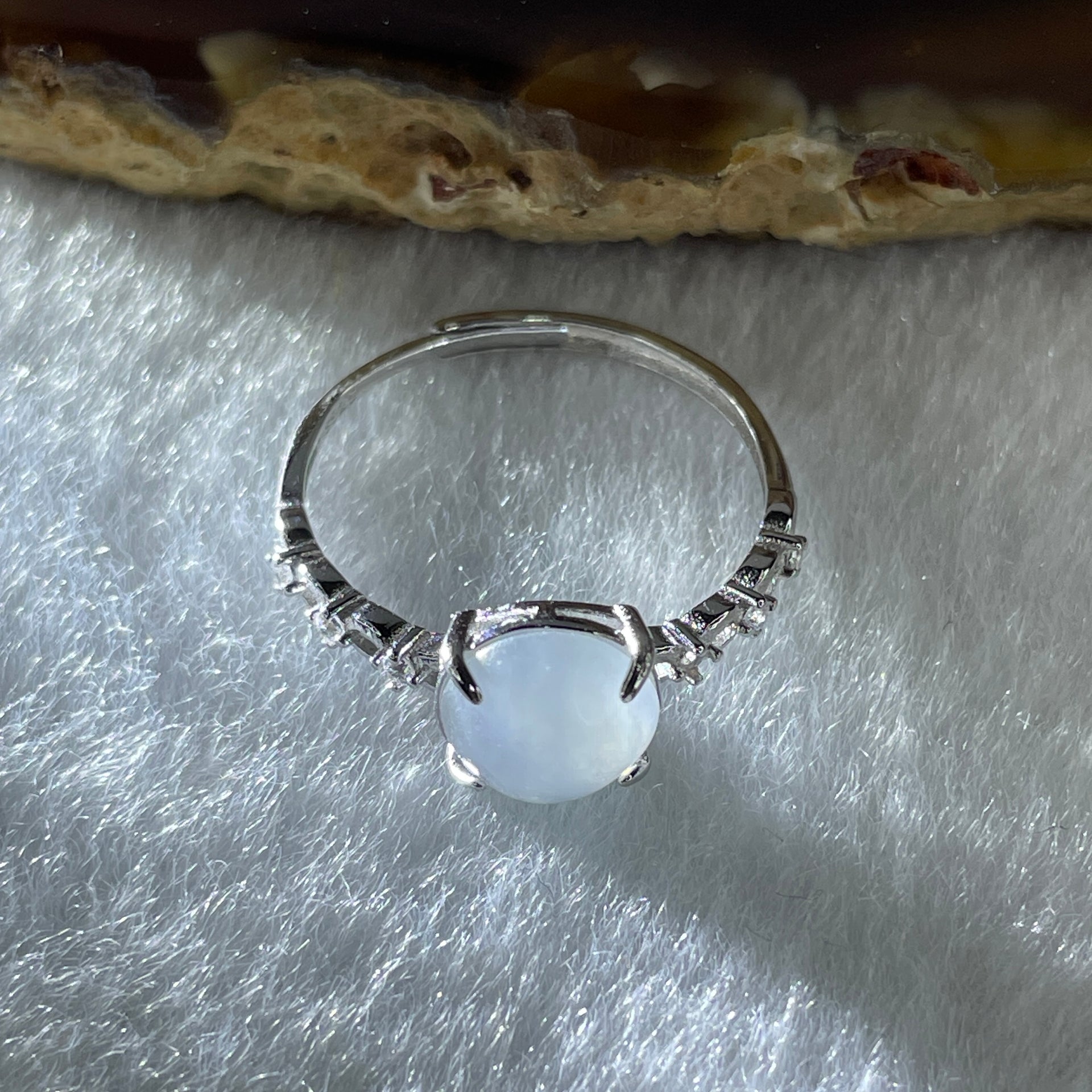 Natural Type A Semi Icy Faint Lavender Jadeite Round Shape Cabouchon in S925 Silver Ring (Adjustable Size) 1.18g 7.9 by 7.1 by 4.0mm - Huangs Jadeite and Jewelry Pte Ltd