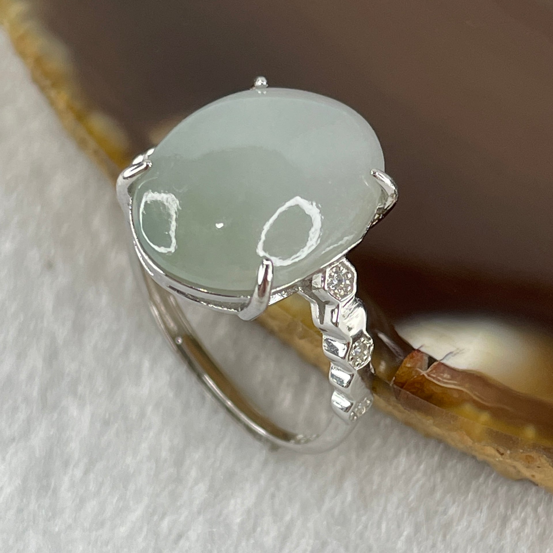 Natural Type A Semi Icy Faint Lavender Jadeite Oval Shape Cabouchon in S925 Silver Ring (Adjustable Size) 2.70g 14.8 by 11.1 by 4.5mm - Huangs Jadeite and Jewelry Pte Ltd