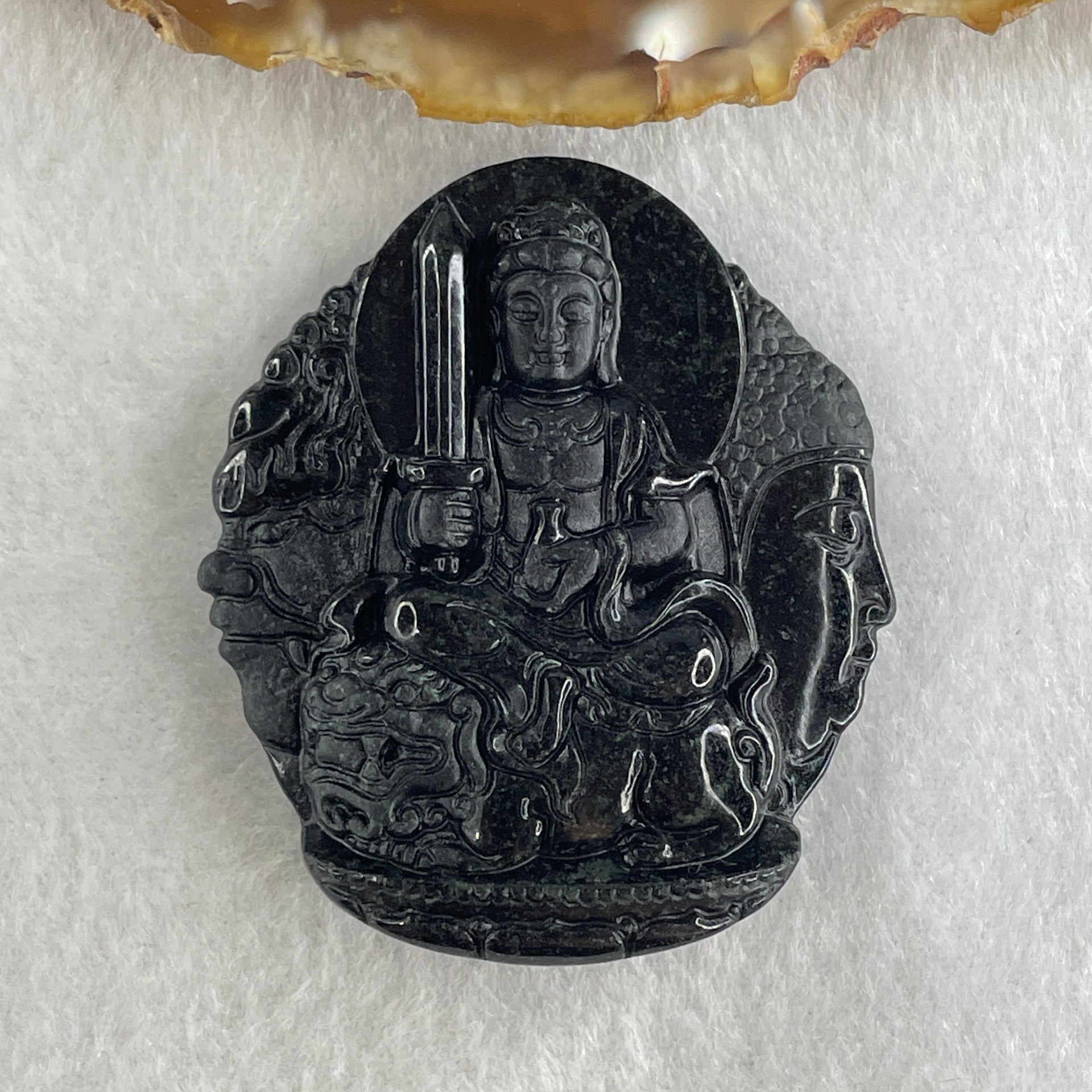 Type A Opaque Black Omphacite Jadeite Good Vs Evil Manjushri Bodhisattva Pendant Rabbit Zodiac Guardian 39.25g 50.5 by 44.0 by 13.3mm - Huangs Jadeite and Jewelry Pte Ltd