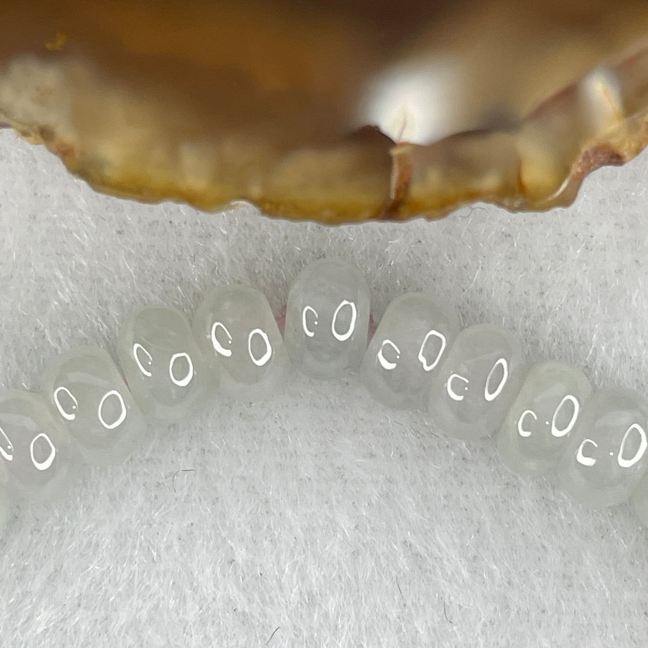 Natural Type A Semi-Icy Faint Blueish Green Jadeite Bracelet | 15cm 6.1mm Donut Shape Ping An Kou Safe Journey Bead Strand (12.95g, 46 Pcs)