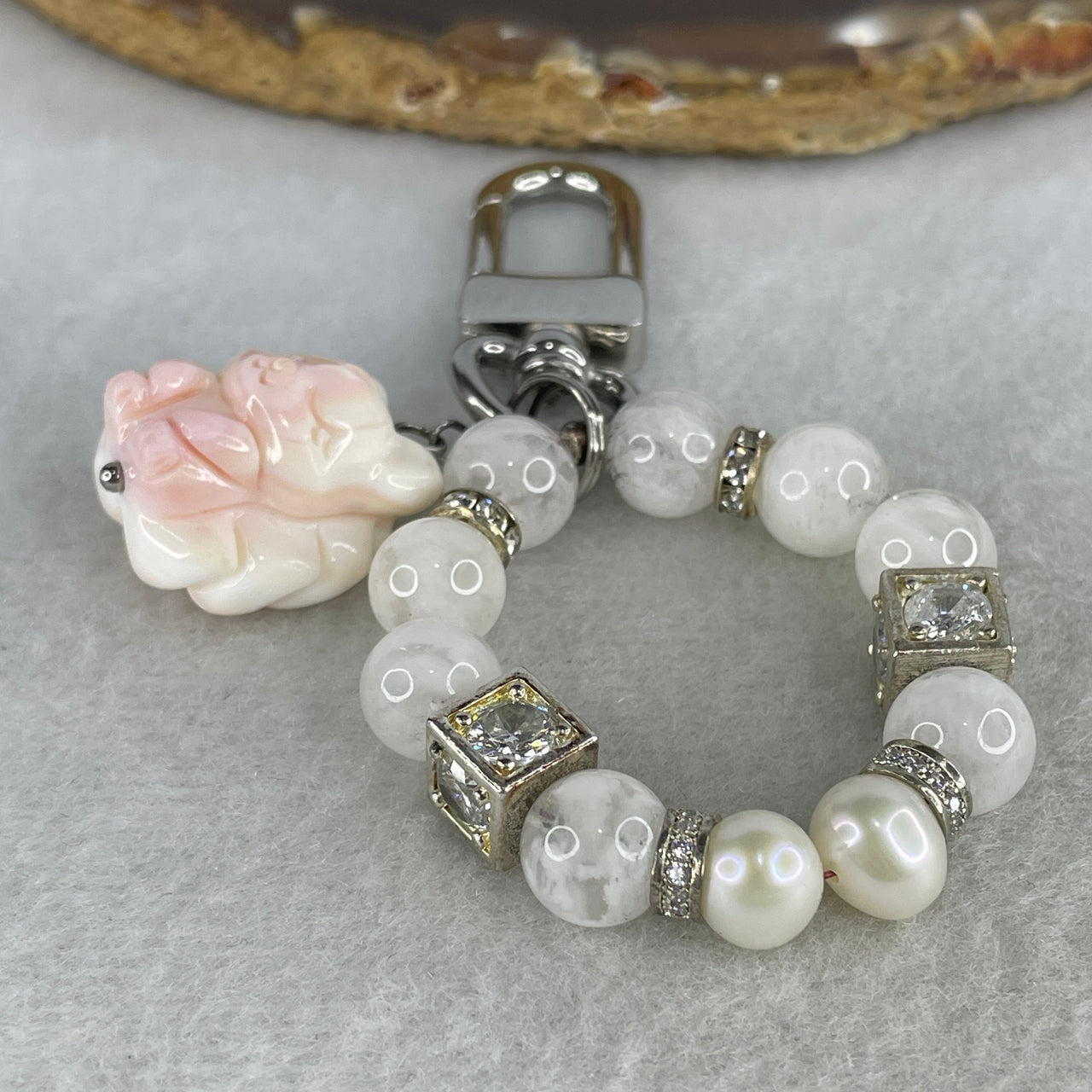 Natural White Quartz 8 Beads & Sparkling Cubic Zirconia Key Chain with Pink Agate Nine-Tailed Fox | Luminous Romantic "Nine-Tail Fox" Charisma & Abundance Luxury Charm (26.61g, 8.8mm)