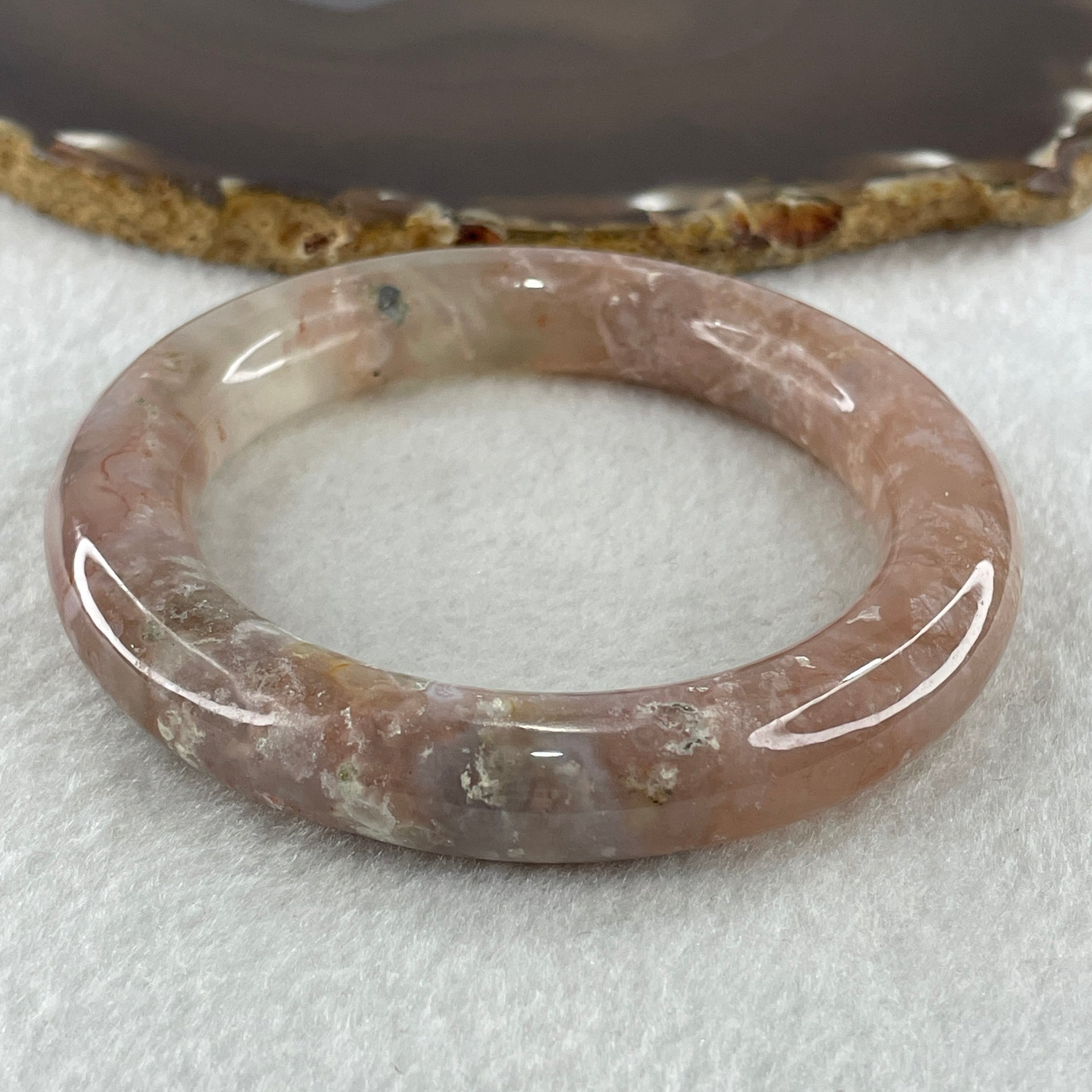 Natural Pinkish Flower Agate Bangle 62.57g Internal Diameter 57.2mm 11.8 by 12.0mm (Internal Line) - Huangs Jadeite and Jewelry Pte Ltd