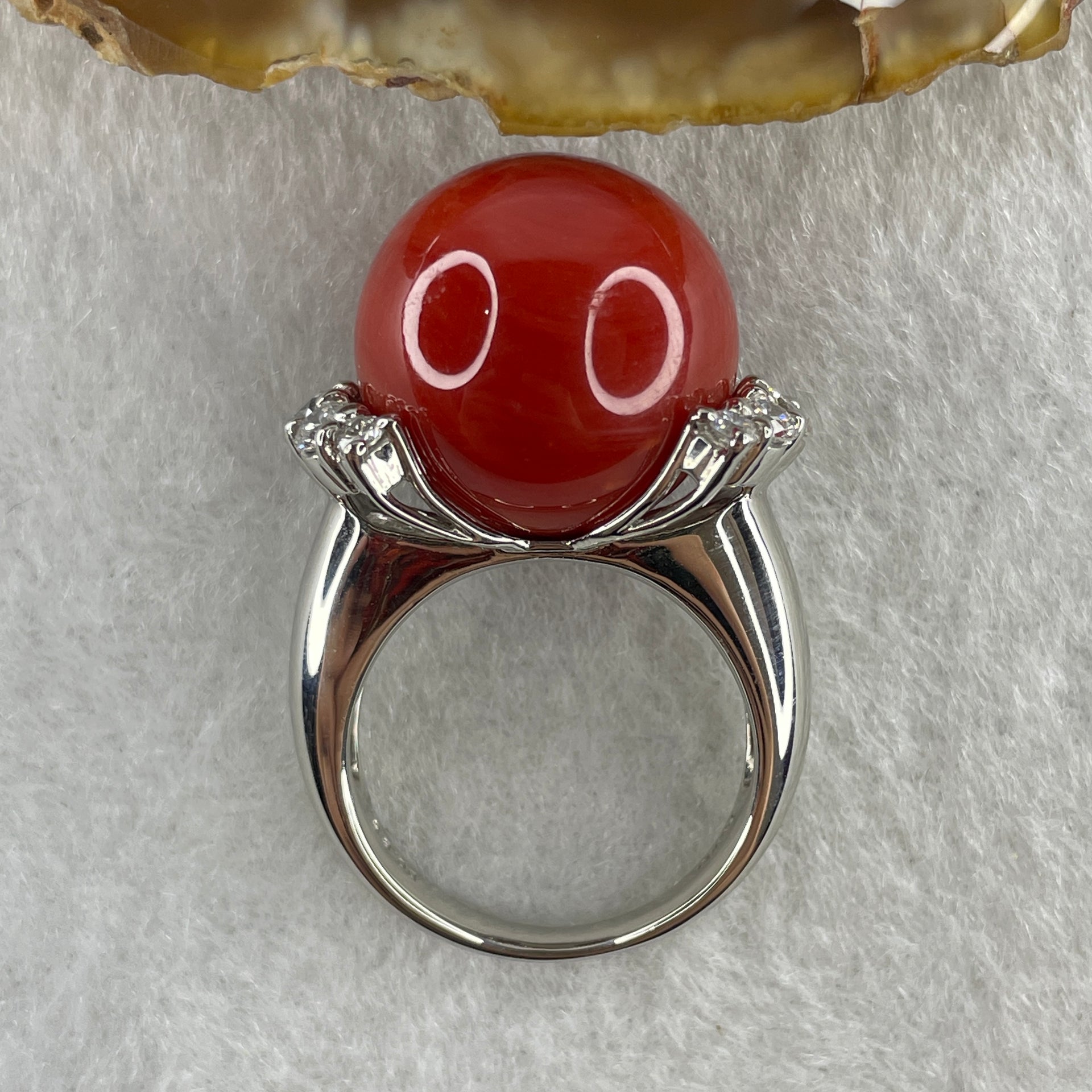 Rare Exceptional Grade Natural Round Red Coral 16.2mm with Natural Diamonds in PT900 Platinum Ring D0.85ct Total 16.2g US6.75 HK14.5 - Huangs Jadeite and Jewelry Pte Ltd
