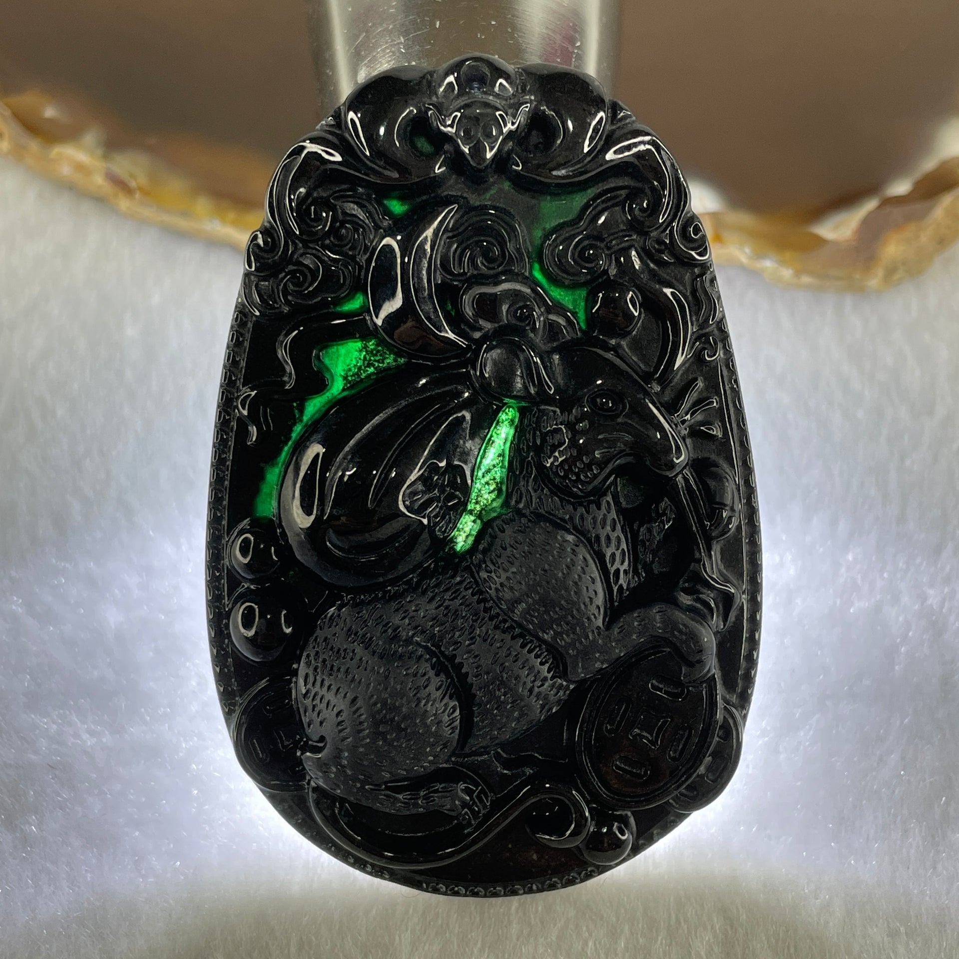 Type A Opaque to Partial Translucent Black Omphacite Jadeite Rat Pendant 25.17g 59.7 by 40.3 by 9.4mm - Huangs Jadeite and Jewelry Pte Ltd