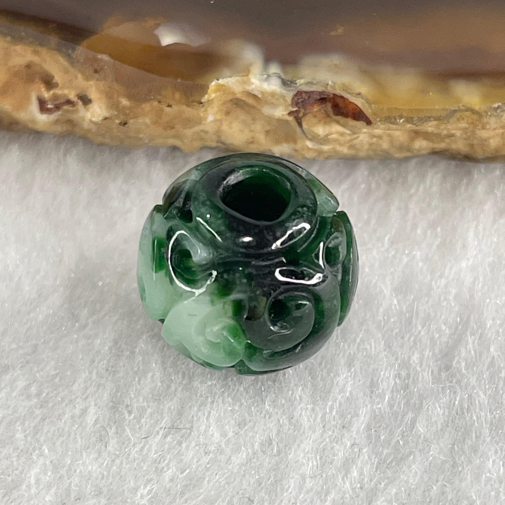 Natural Type A Lao Keng Old Mine Green with Light Green Jadeite Flora Carving Bead Charm 1.94g 12.5mm - Huangs Jadeite and Jewelry Pte Ltd