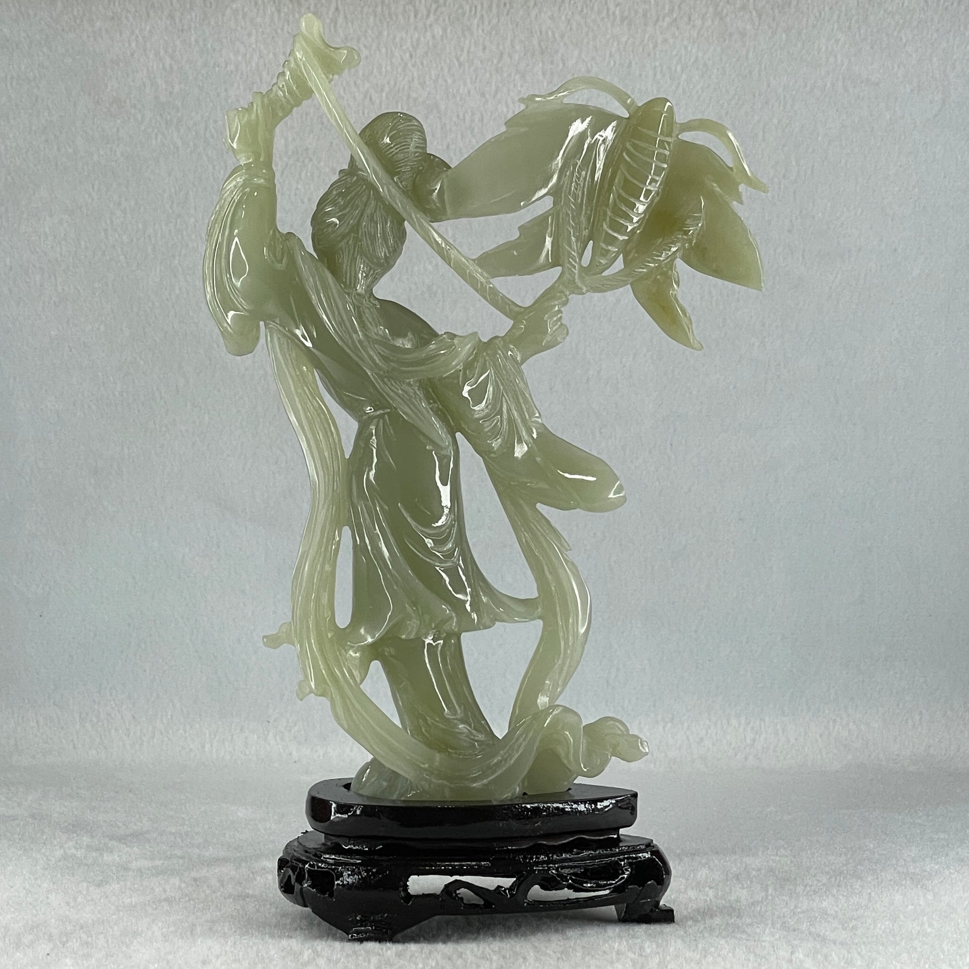 Natural Green Serpentine Fairy with Butterfly with Wooden Stand Display 336.9g 132.0 by 201.0 by 68.0mm - Huangs Jadeite and Jewelry Pte Ltd