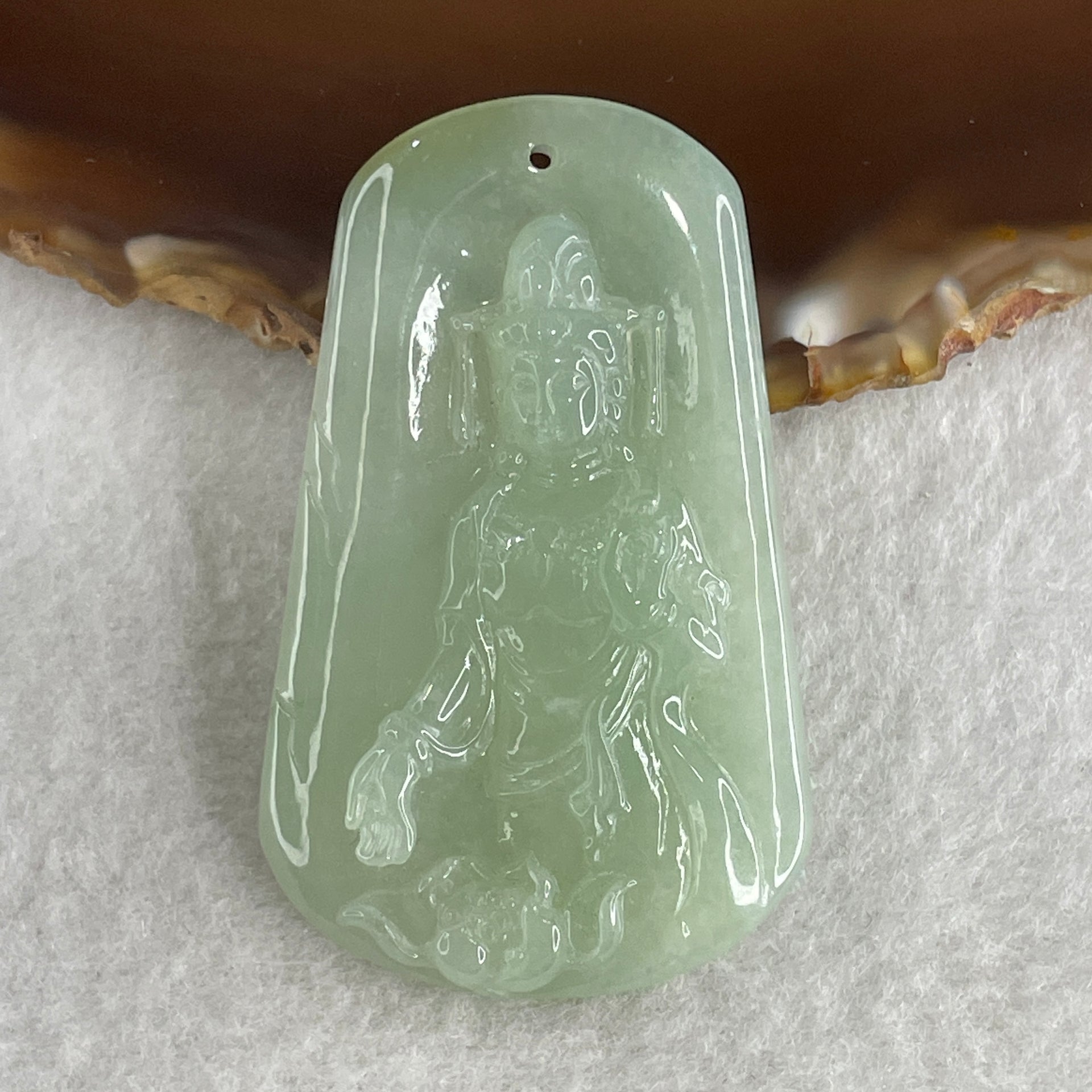 Natural Type A Jelly Light Green Jadeite Guan Yin on Lotus Flower Pendant 23.91g 55.0 by 34.1 by 7.5mm - Huangs Jadeite and Jewelry Pte Ltd