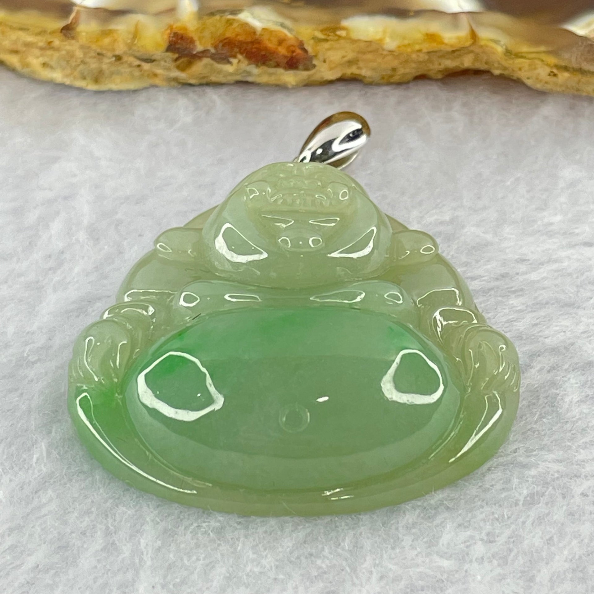 18K 750 White Gold Type A Green with Apple Green Milo Buddha Pendant 20.73g 34.3 by 35.3 by 10.80mm - Huangs Jadeite and Jewelry Pte Ltd
