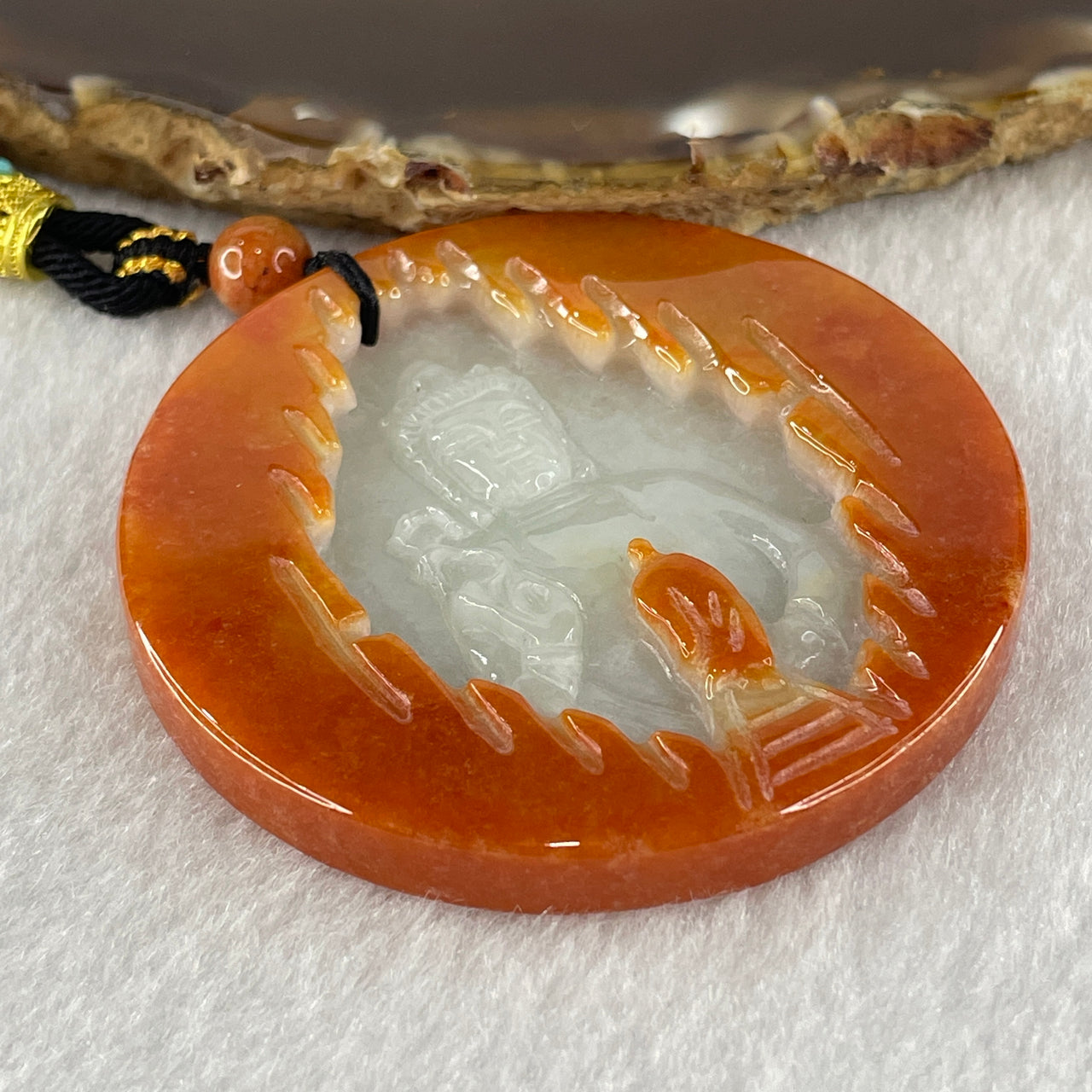 Natural Type A Red with Fain Lavender Faint Green Jadeite Guan Yin with Person Seeking Enlightenment Pendant 45.96g 55.1 by 6.5mm (Burned)