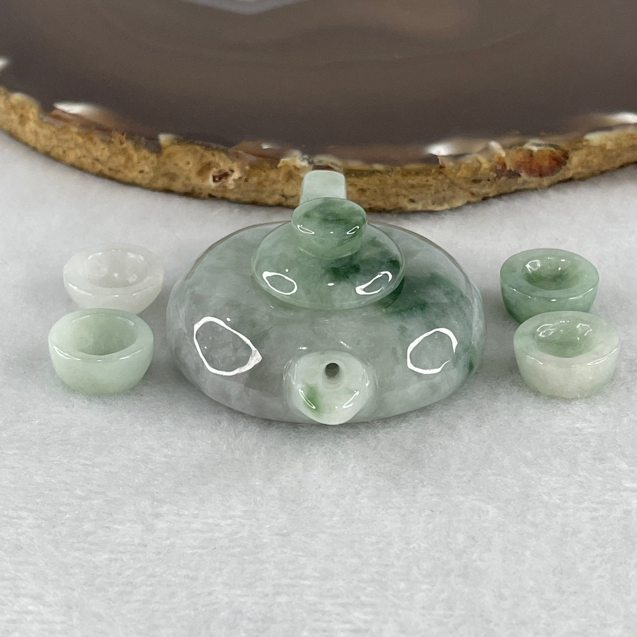 Certified Natural Type A Jelly Green with Lavender Jadeite Teapot with 4 Cups Display Set 62.39g 57.6 by 43.6 by 22.4mm Teapot - 13.8 by 6.2mm Cup