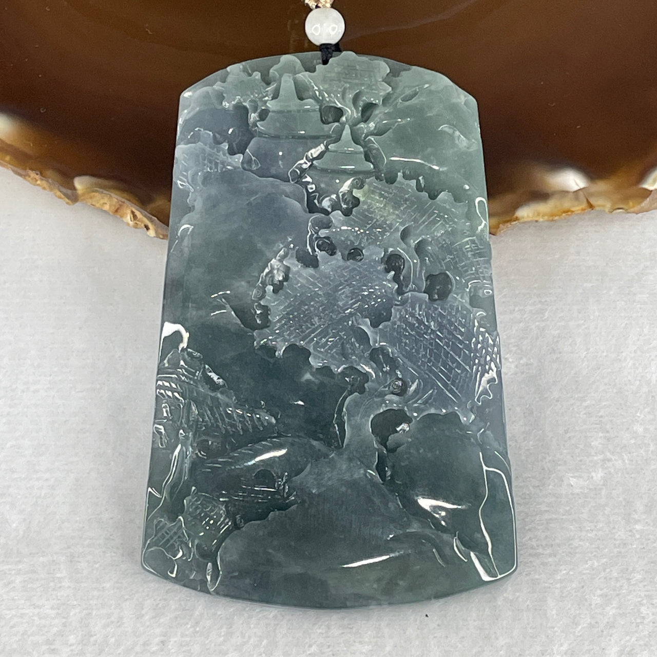 Certified Natural Type A Blueish Green Jadeite Shan Shui with Guiren Benefactor Double Side Pendant 79.20g 81.3 by 53.2 by 7.5mm